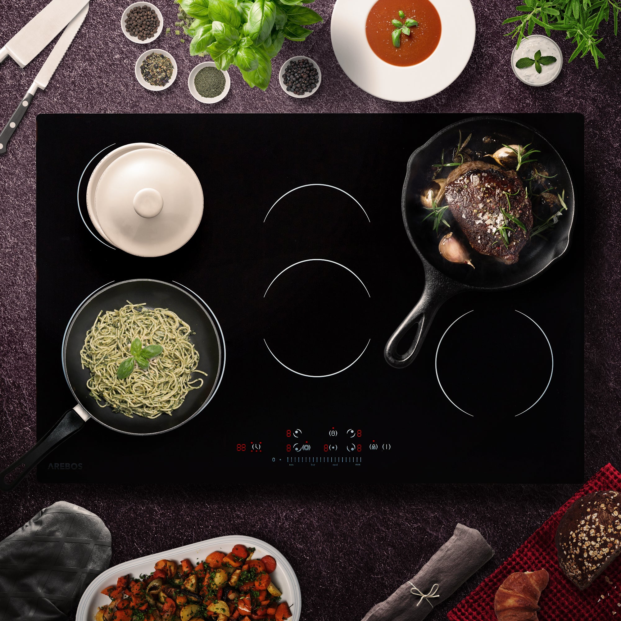 AREBOS Table de cuisson vitrocéramique encastrable 5 zones – 8700W avec minuterie & sécurité enfants - 2
