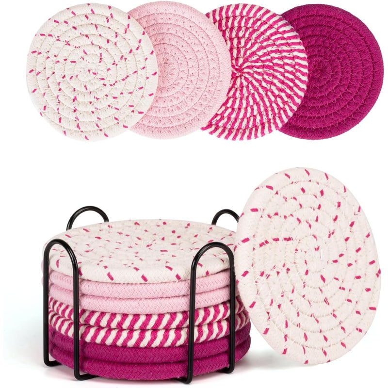 Zestaw okrągłych podstawek w stylu boho, różowa bawełniana podkładka izolacyjna na stół jadalny, okrągła podkładka pod herbatę (z uchwytem) 8 szt.