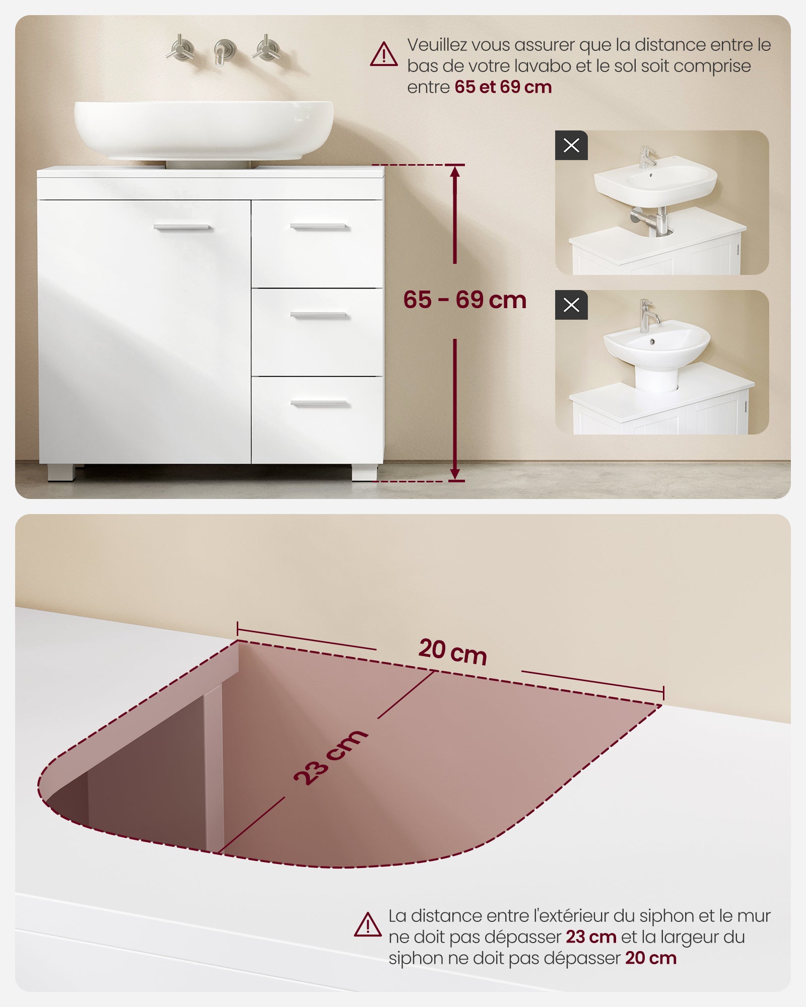 Meuble sous Lavabo, 3 Tiroirs Latéraux, 2 Compartiments Derrière la Porte, avec Pieds, 30 x 70 x 64 cm, Blanc Nuage - 7