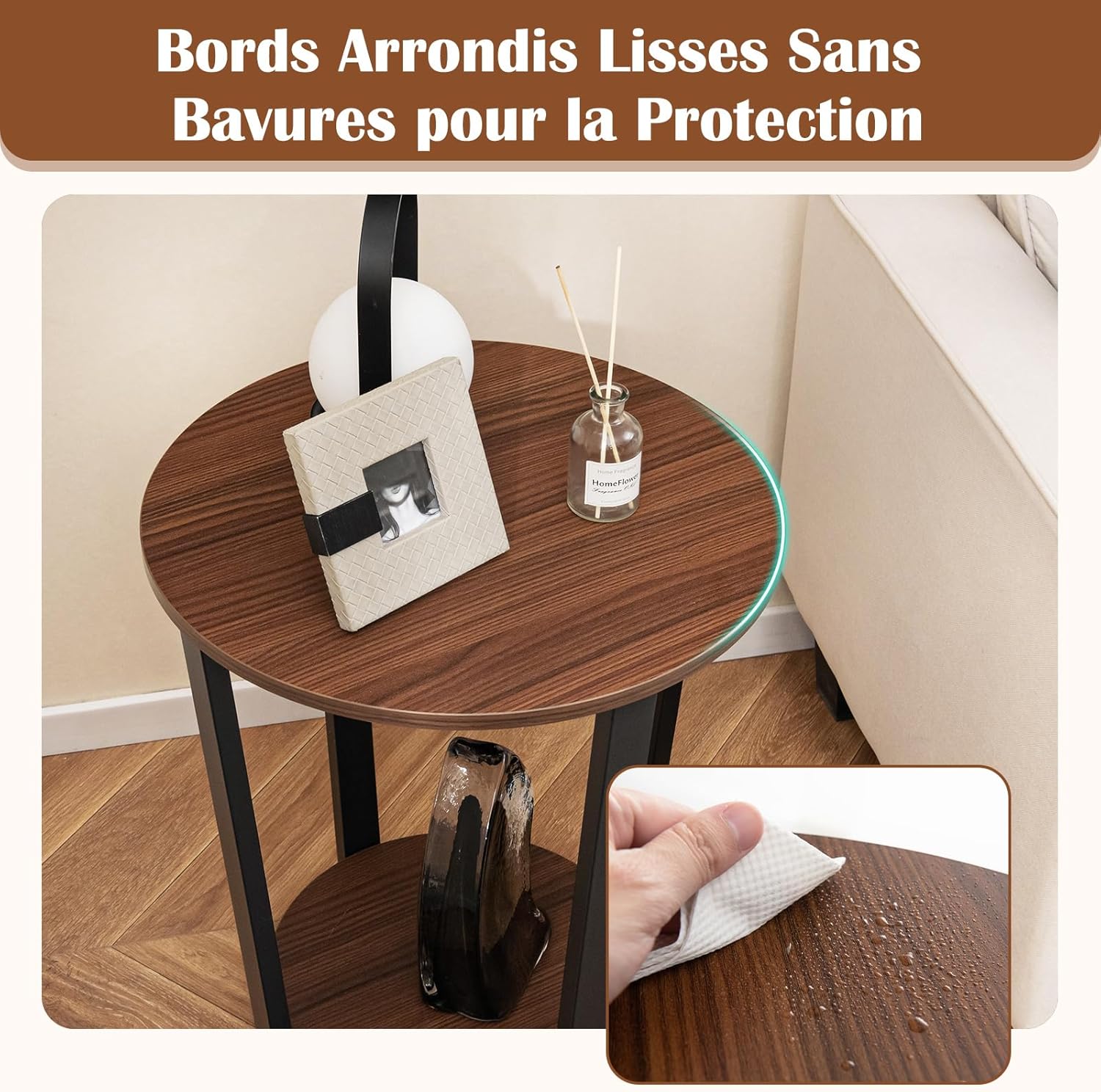 Tavolino Rotondo, Tavolino Laterale a 2 Ripiani con Mensola Aperta, Tavolino da Divano con Struttura in Metallo per Soggiorno, Camera da Letto - 5