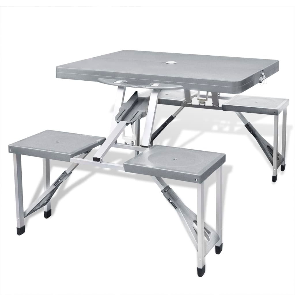 Set mesa plegable de camping y 4 taburetes aluminio gris claro vidaxl