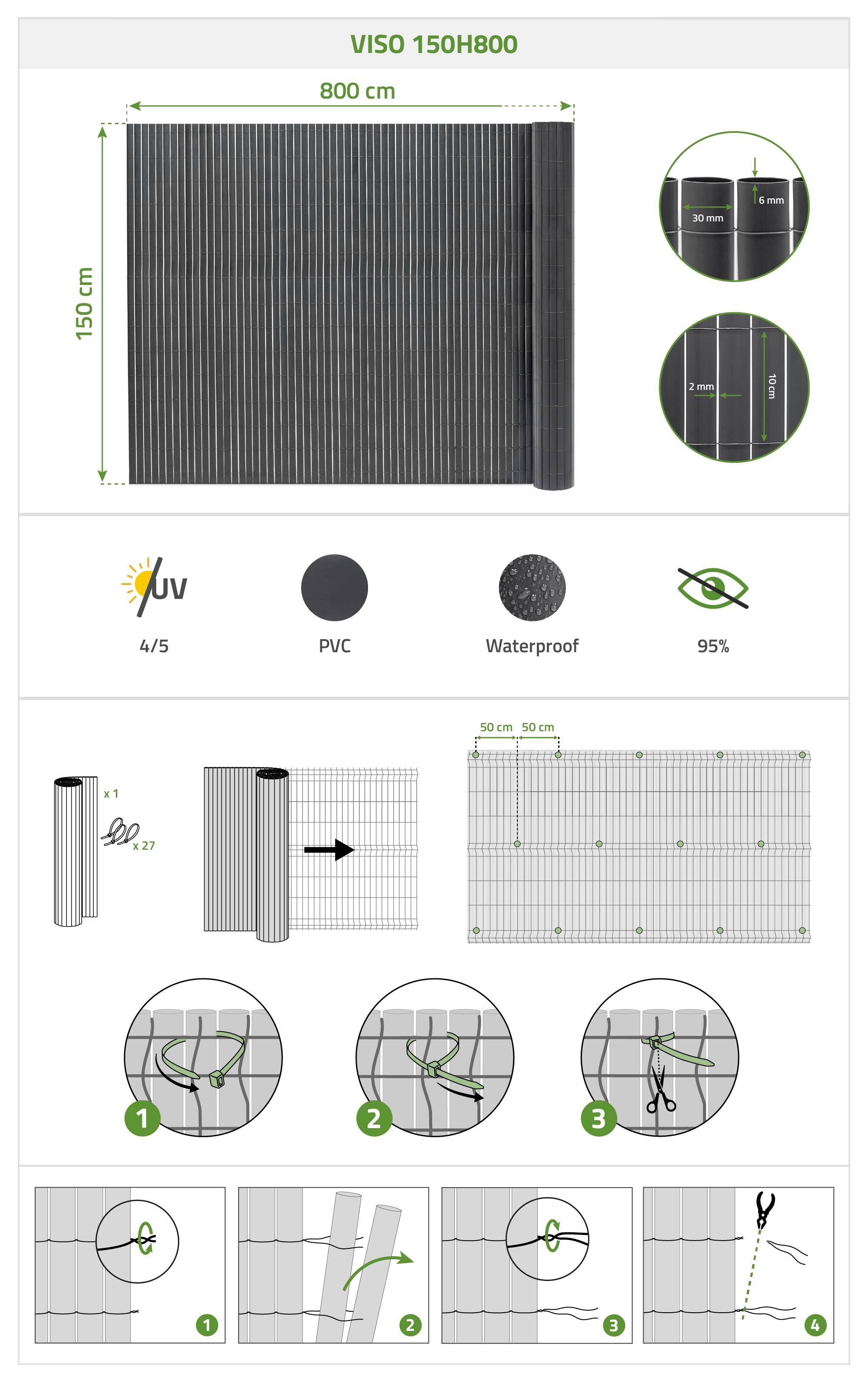 Siatka trzcinowa PCV VISO, 8 m długości x 1,5 m wysokości, antracytowo-szary