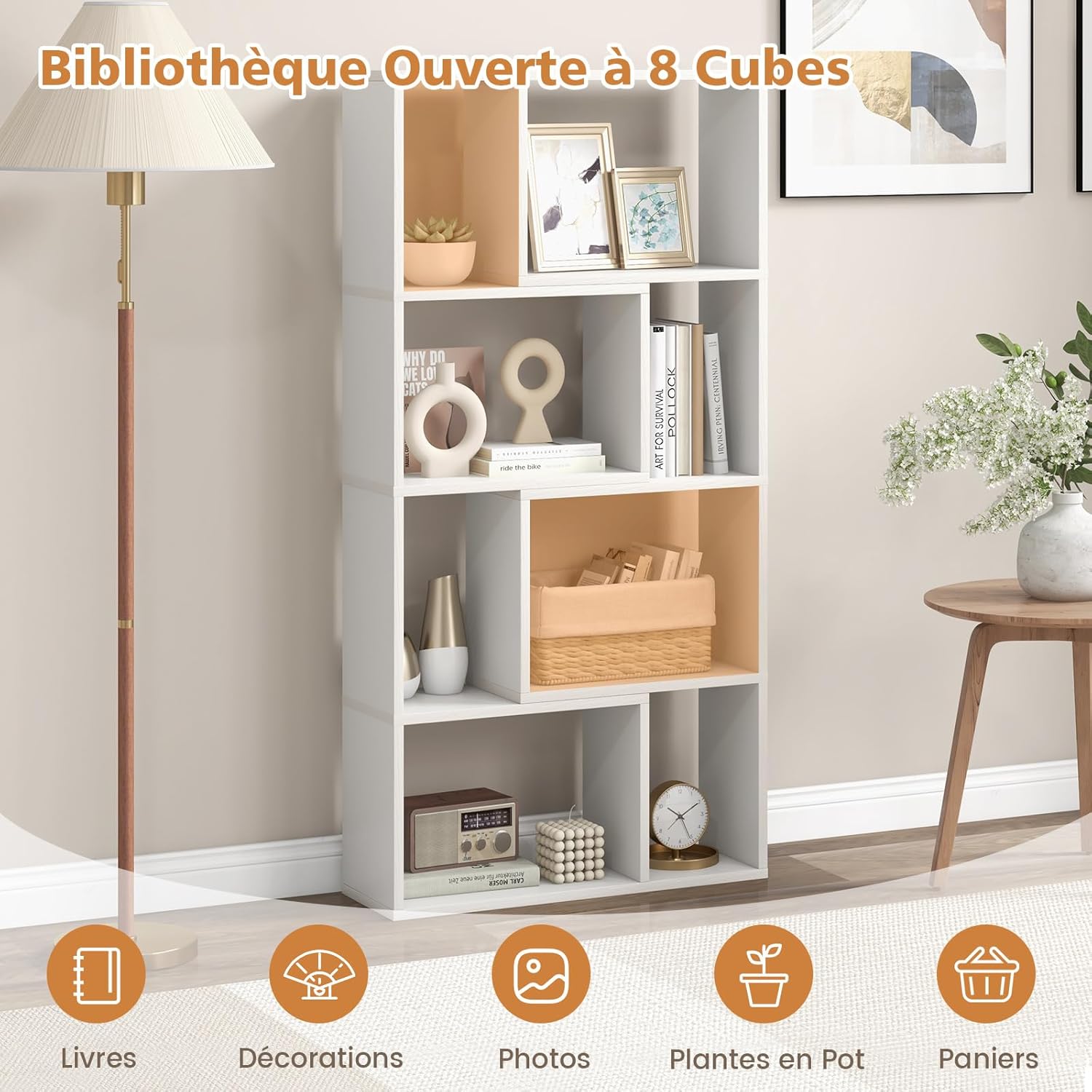 Bibliothèque Étagère à 8 Compartiments Ouvertes, Meuble de Rangement avec Kits Anti-basculement, pour Salon, Bureau, 20x60x120cm, Blanc - 7