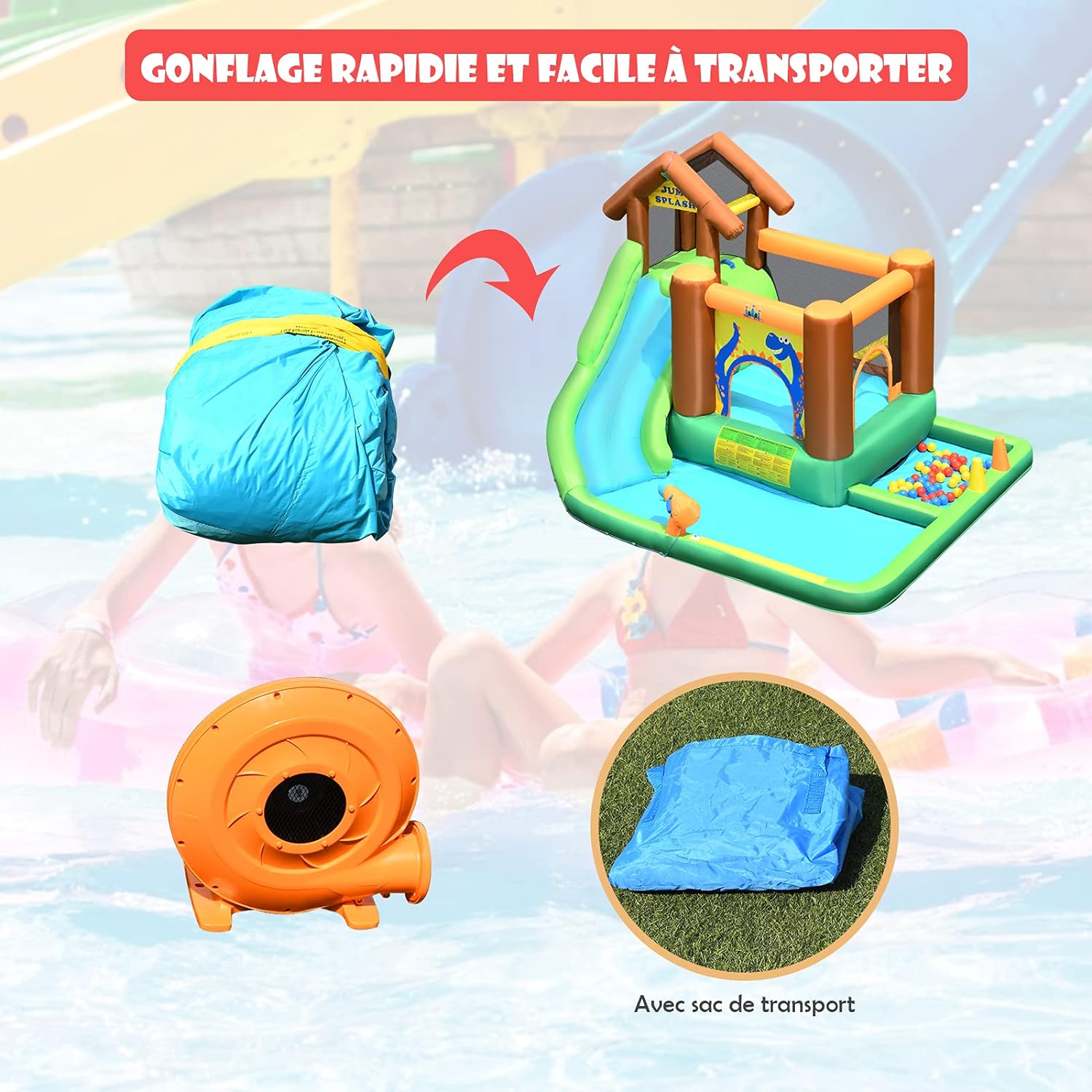 Estrutura Insuflável Dinossauro com Zona de Saltar, Piscina, Canhão de Água e Bolas, para crianças dos 3 aos 10 anos, até aos 135 kg (com soprador) - 2