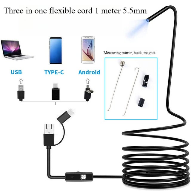 3 - en - 1 cordon 1 mètre - 5.5mm HD téléphone portable endoscope Pipeline industriel caméra sous - marine étanche sonde de réparation automobile