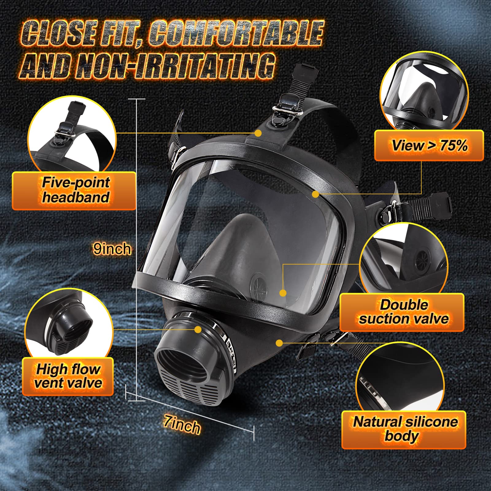 Masque à gaz de survie - Respirateur tactique complet avec filtre à charbon actif 40 mm contre poussières,vapeurs et produits chimiques - 3