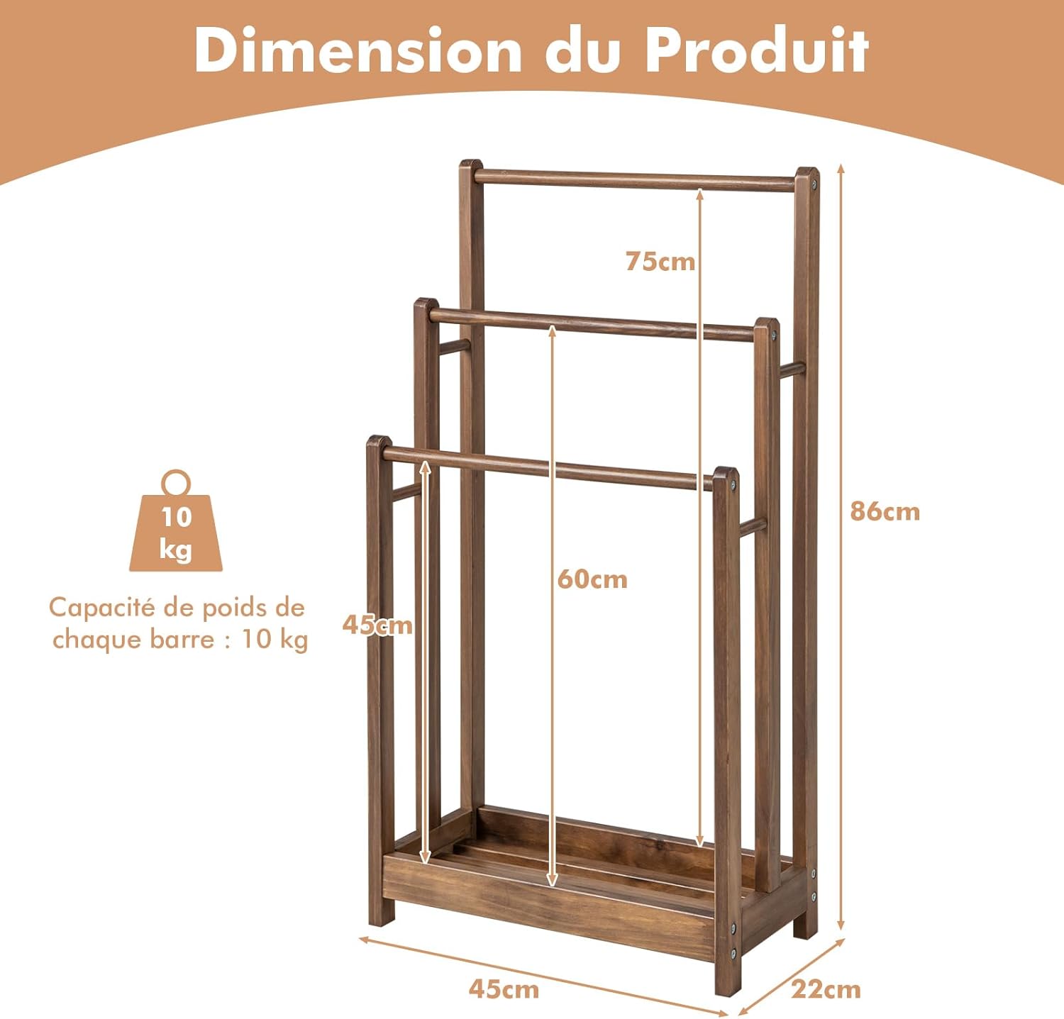 Porte-Serviettes sur Pied en Bois, 3 Barres et Étagère de Rangement Inférieure, Dispositif Anti-Renversement, 22 x 45 x 86 cm, Marron - 3
