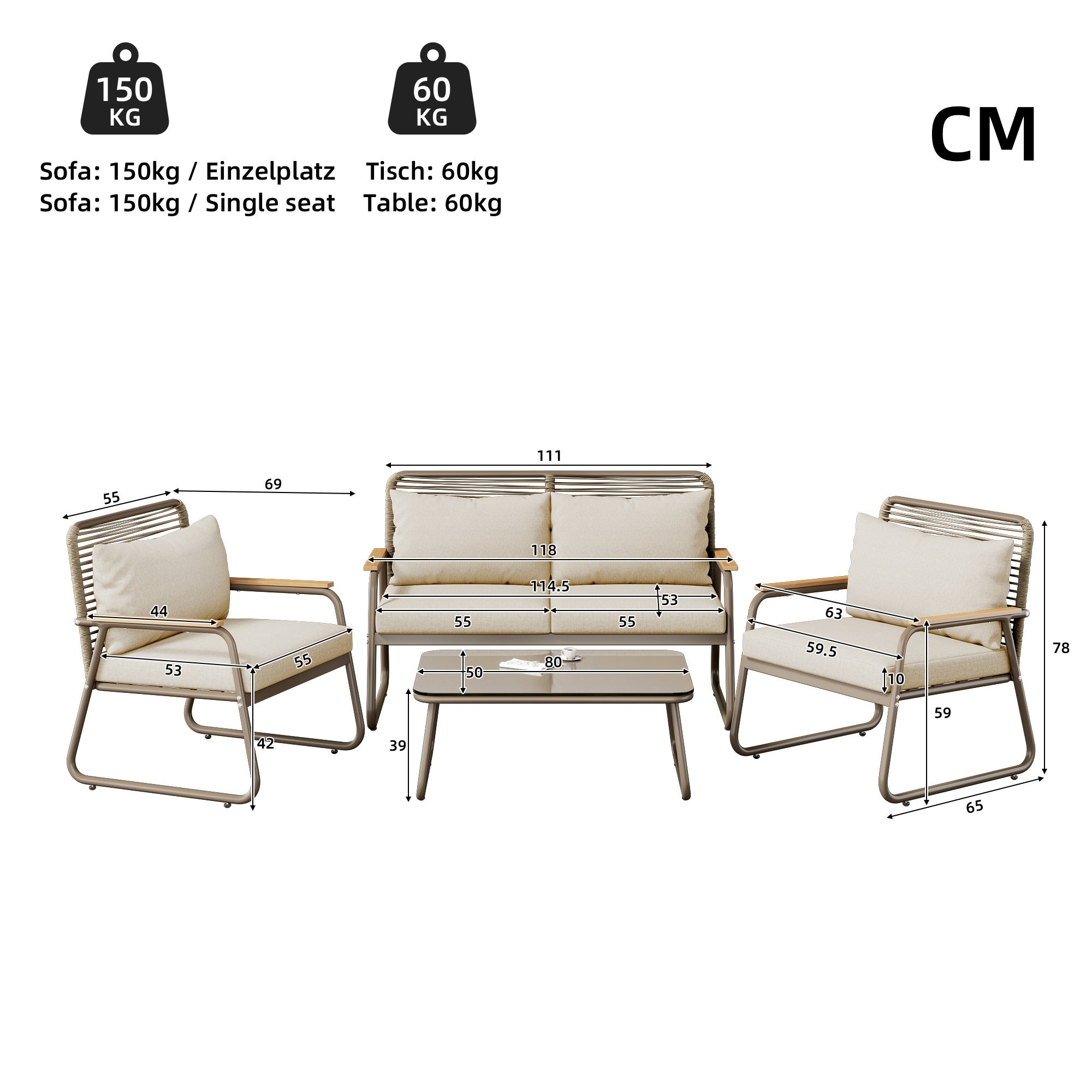 Salon bas de jardin en Métal Beige 4 personnes - 9