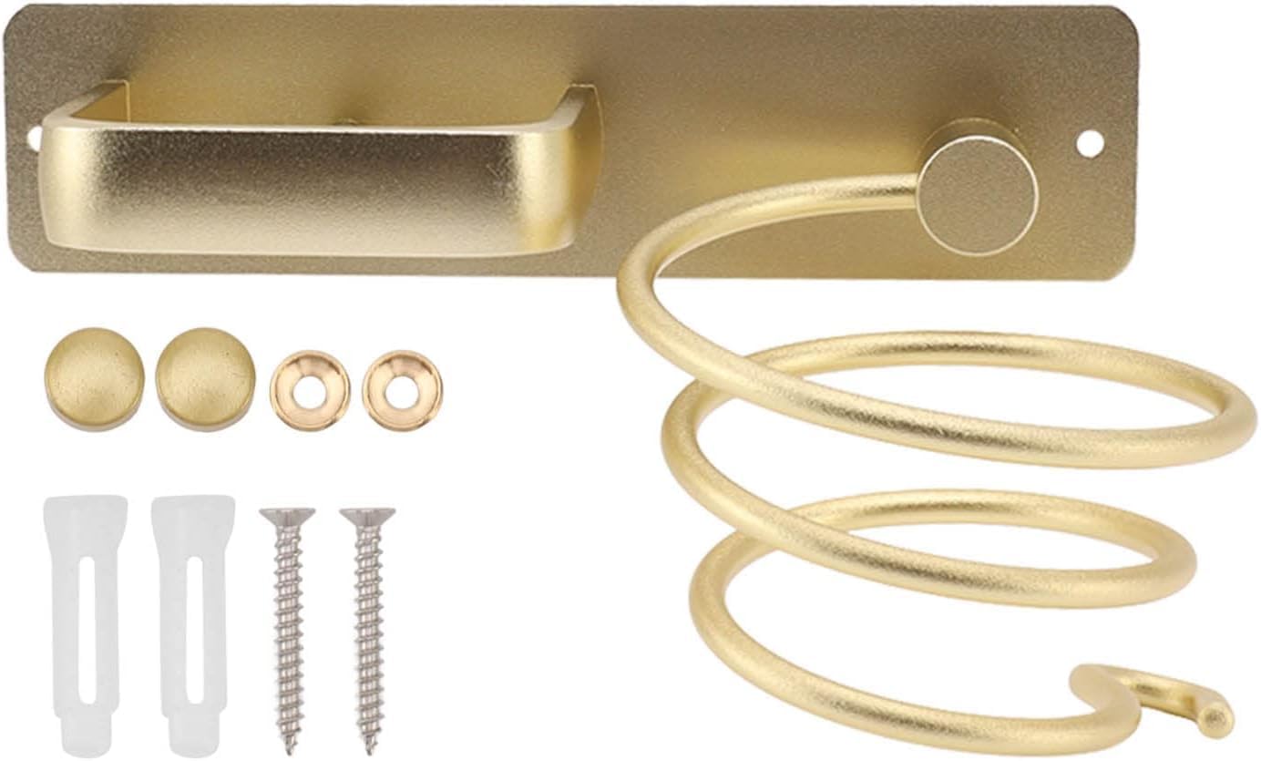 Supporto per asciugacapelli, supporto per piastra con vano portacavi, supporto da parete in metallo per riporre asciugacapelli, spazzole e altro (oro) - 3