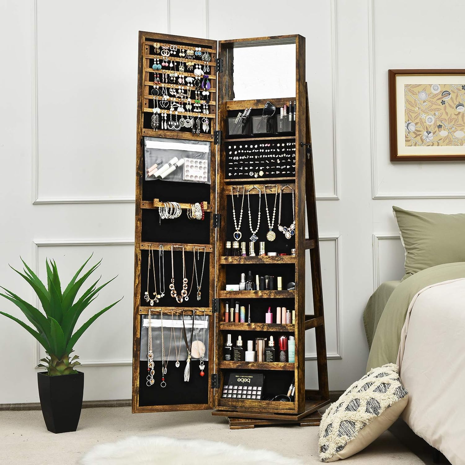Armoire à Bijoux Pivotante à 360 Degrés sur Pieds,avec Grand Miroir Psyché et Etagère de Rangement à L’Arrière (Vintage) - 4