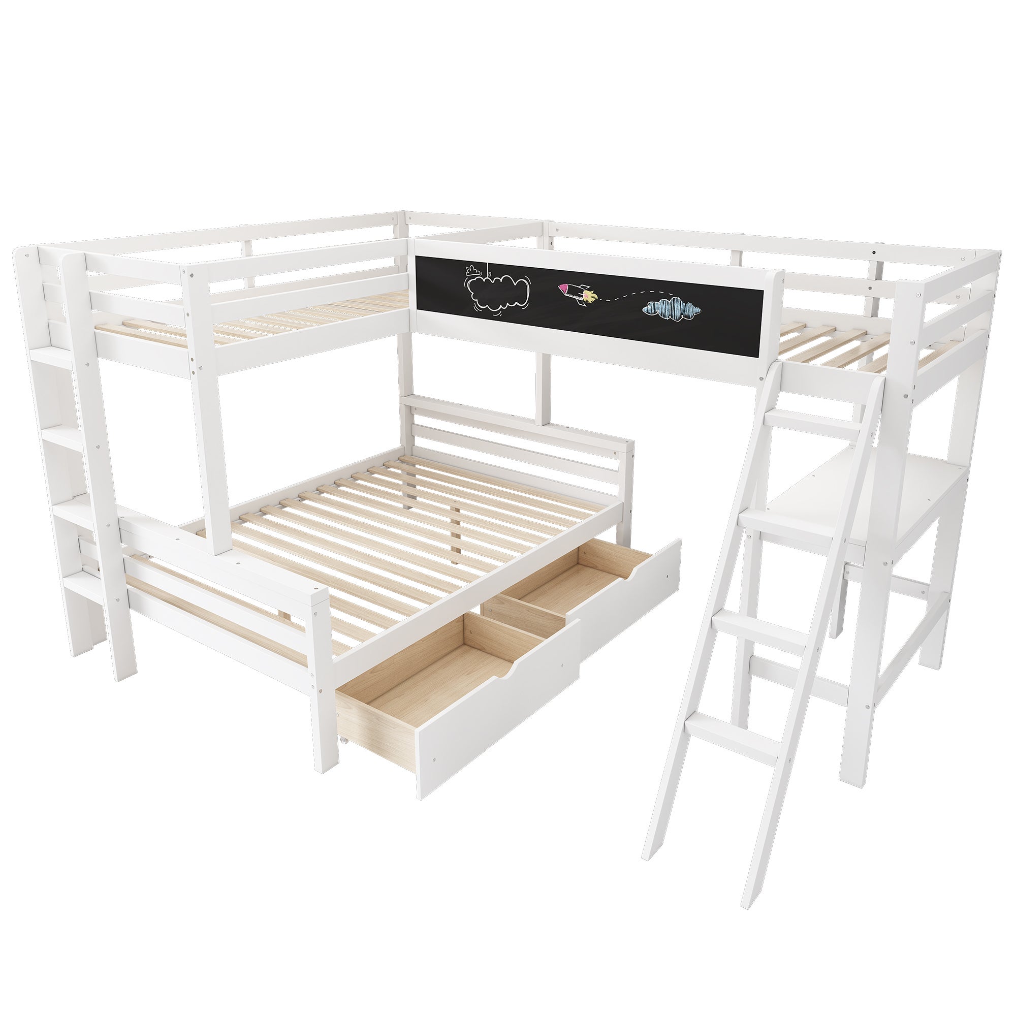 Lit superposé 2x90x200cm + 140x200cm en bois - avec un bureau et 2 tiroirs - Blanc - 7
