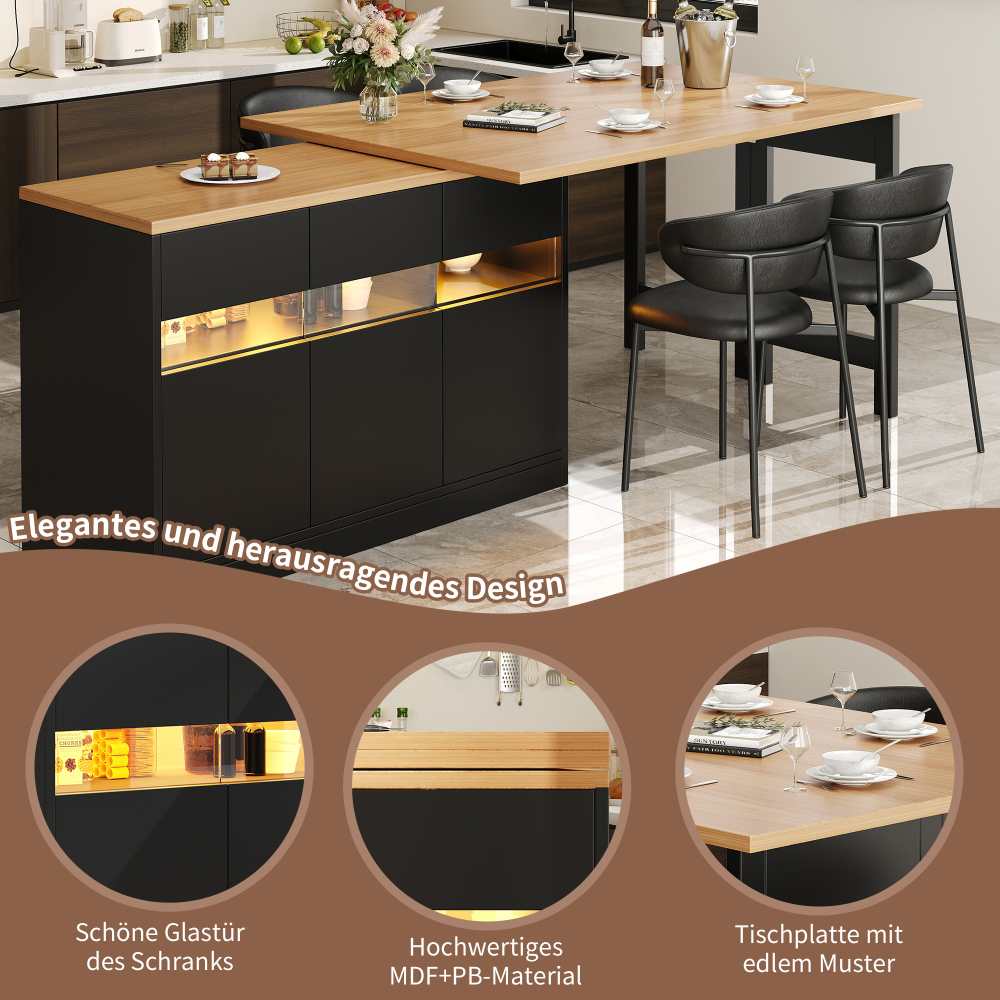 Mesa de bar LED extensible 120-180cm, rotación 360°, isla de cocina moderna con almacenamiento - 6