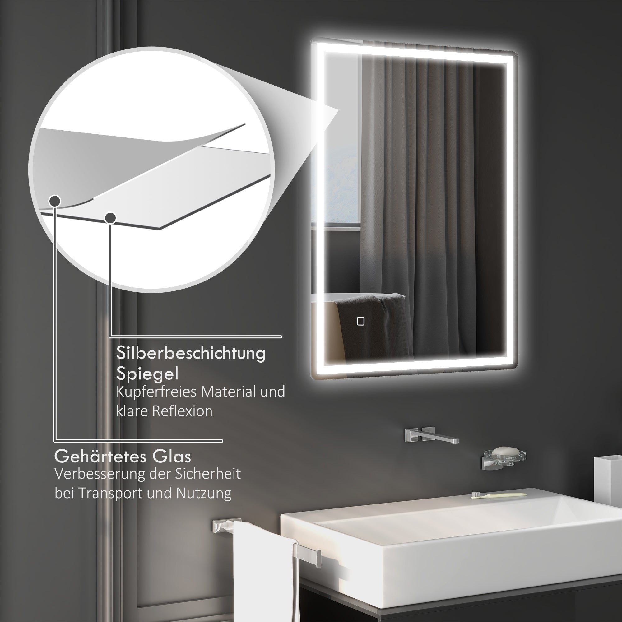 Specchio da bagno a parete con illuminazione a LED. Caratteristiche: meccanismo di chiusura ammortizzata, funzione antiappannamento, 60 x 80 x 4 cm, b - 8