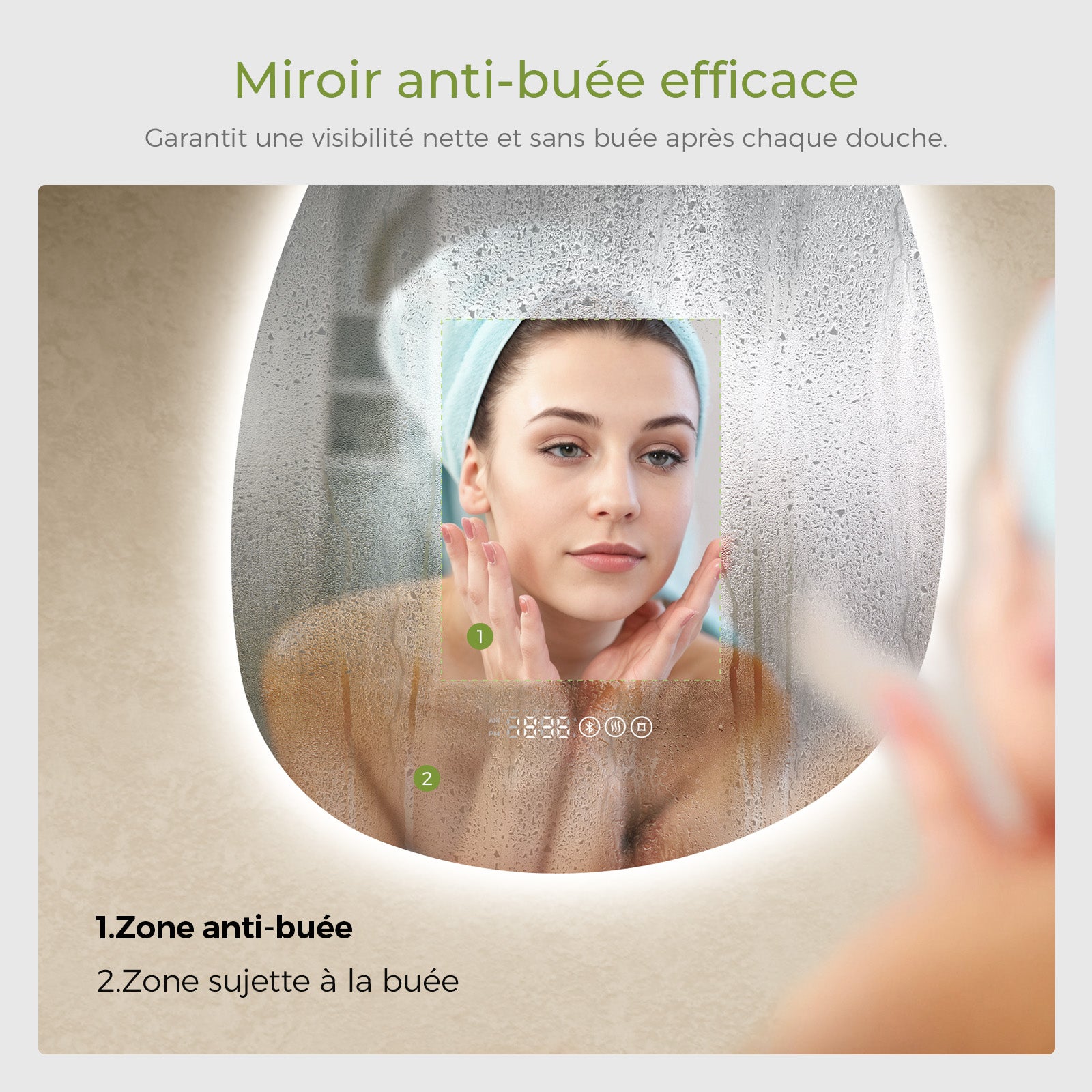 S'AFIELINA Miroir de Salle de Bain avec Éclairage Asymétrique 75 x 55 cm, 3 Couleurs de Lumière Réglables, Antibuée, Bluetooth, Horloge, Température - 3