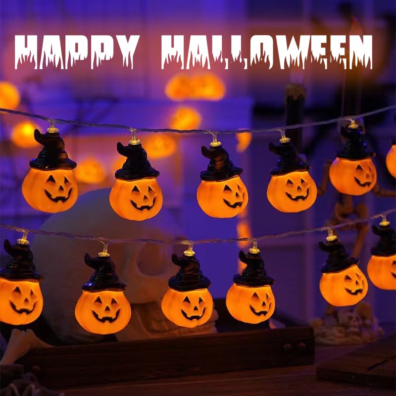 Guirlande Lumineuse Halloween Citrouille 6m 20 LED - À Piles, 2 Modes, étanche IP45 - Décoration Intérieur/extérieur
