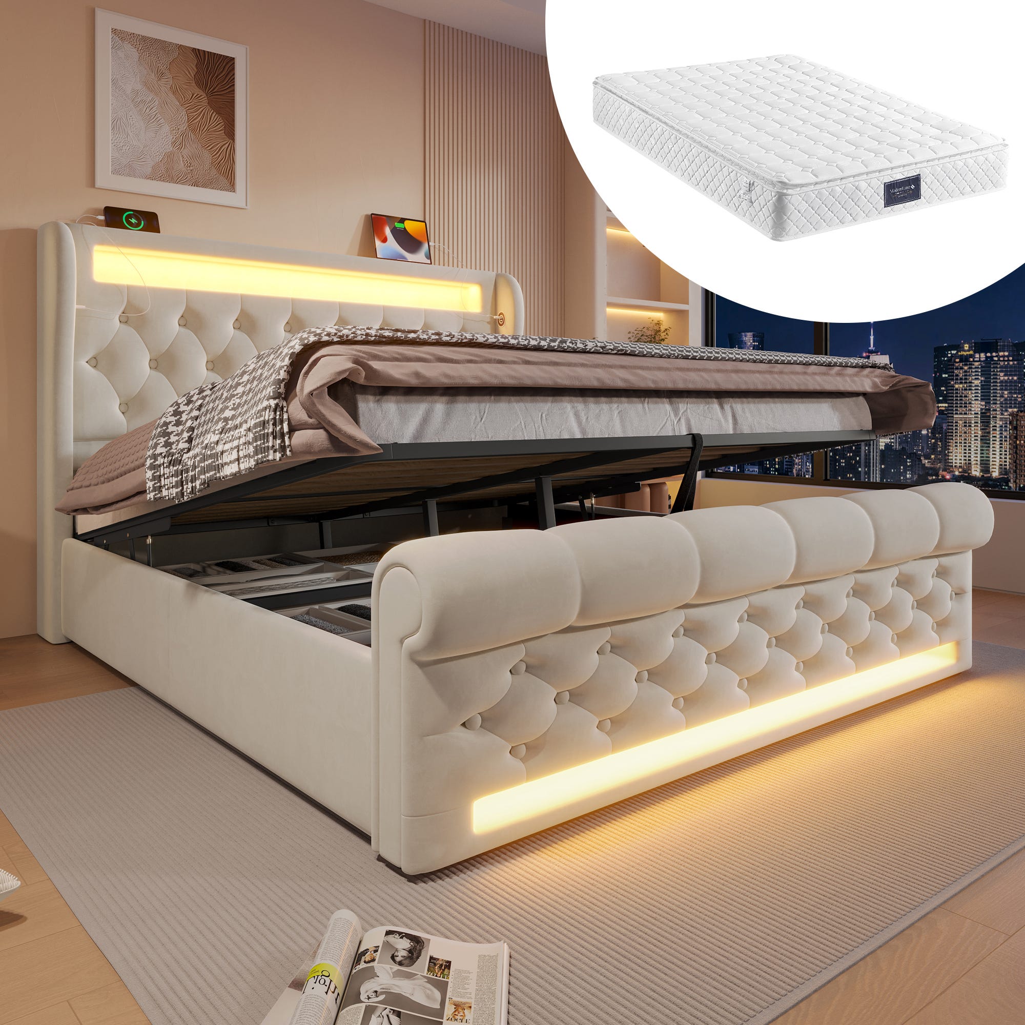 Letto matrimoniale - 140x200cm - Contenitore idraulico, LED e USB-C - Cotone - Grigio - CON MATERASSO (210x150x101cm) | Leroy Merlin Letto matrimoniale - 140x200cm - Contenitore idraulico, LED e USB-C - Cotone - Grigio - CON MATERASSO (210x150x101cm) | Leroy Merlin