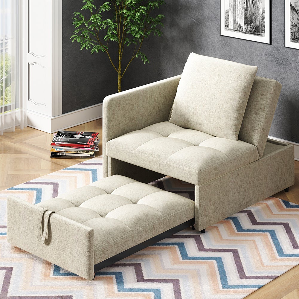 Canapé convertible 3 en 1 multifonctionnel en tissu lin rembourré avec dossier réglable pour petites pièces couleur beige - 6