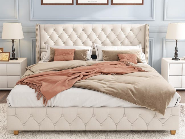 MEUBLE COSY Letto Imbottito Basi Letti Matrimoniale 140 x 190 cm con Rete a Doghe in Legno e Testiera Rivestita in Tessuto, Scandinavo, Grigio MEUBLE COSY Letto Imbottito Basi Letti Matrimoniale 140 x 190 cm con Rete a Doghe in Legno e Testiera Rivestita in Tessuto, Scandinavo, Grigio