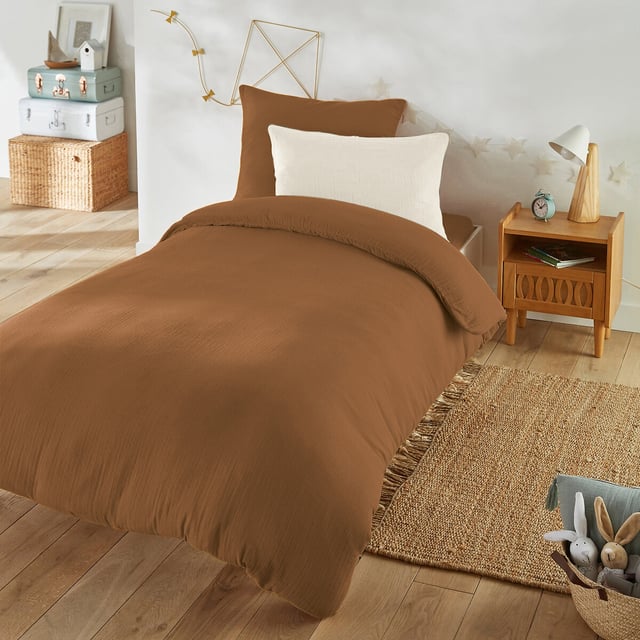 Housse de couette enfant unie gaze de coton, Kumla - Caramel - 140 x 200 cm