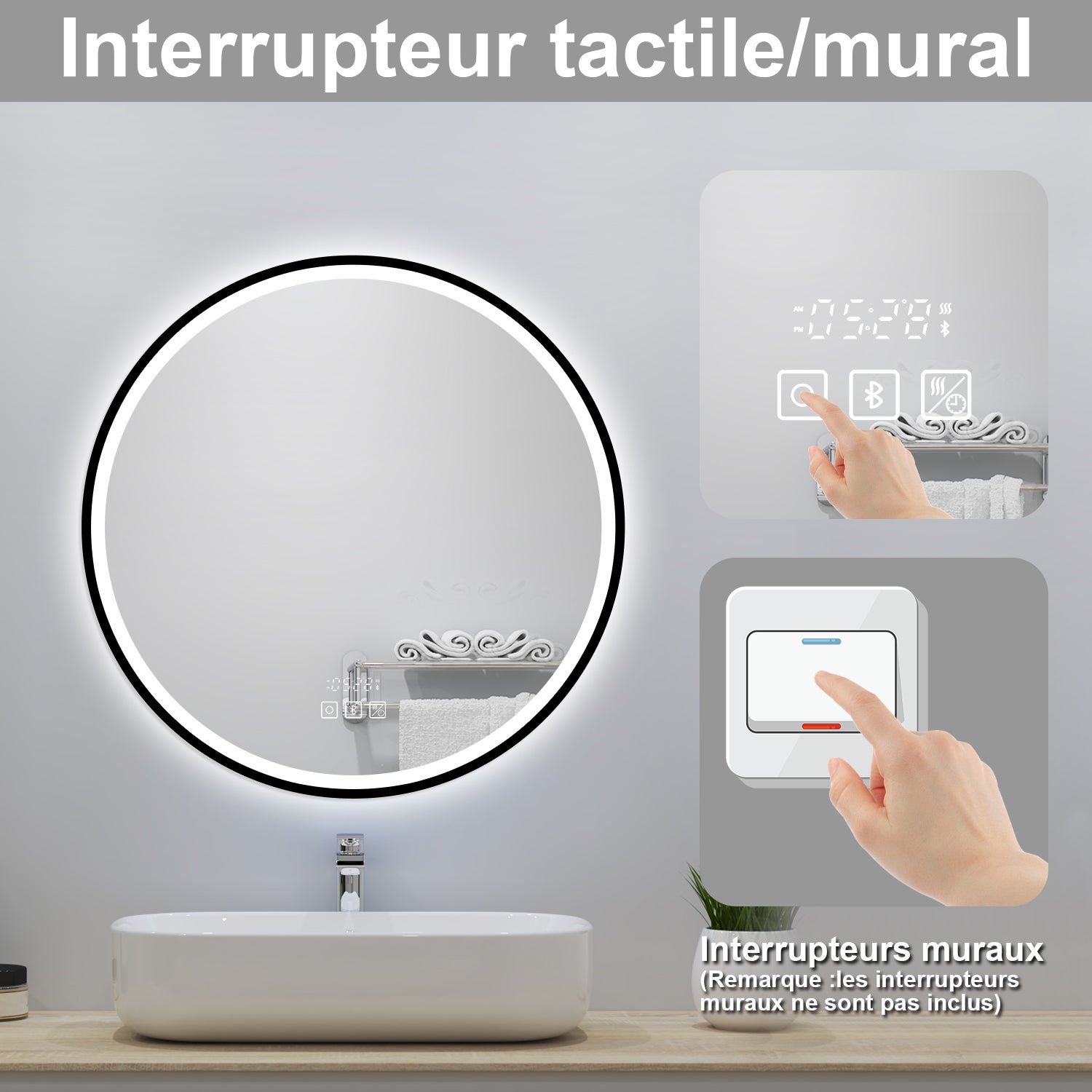 Miroir lumineux de salle de bain avec Bluetooth Rond 90cm， Horloge + 3 Couleurs + Dimmable + Anti-Buée, Noir Cadre Non-Métallique - 6