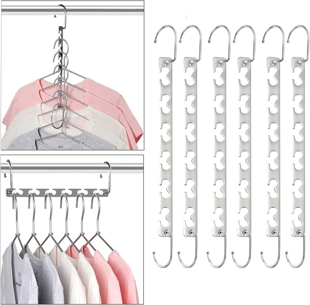 Yuaiosn 6 Pièces Cintre Gain De Place, Cintres Metal Magiques INOX Antidérapant, Cintre Multiple Gain De Place, Multifonctionnel Organisateur De Cintre Gain De Place Dans Les Placards