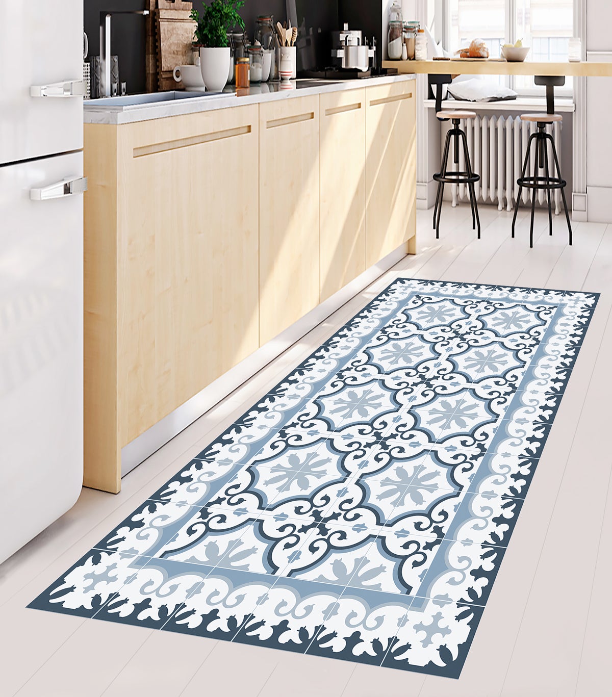 Marsylski dywan winylowy niebieski 80x150 - PVC antypoślizgowy, winylowy dywan do kuchni lub salonu, zmywalny, wodoodporny styl