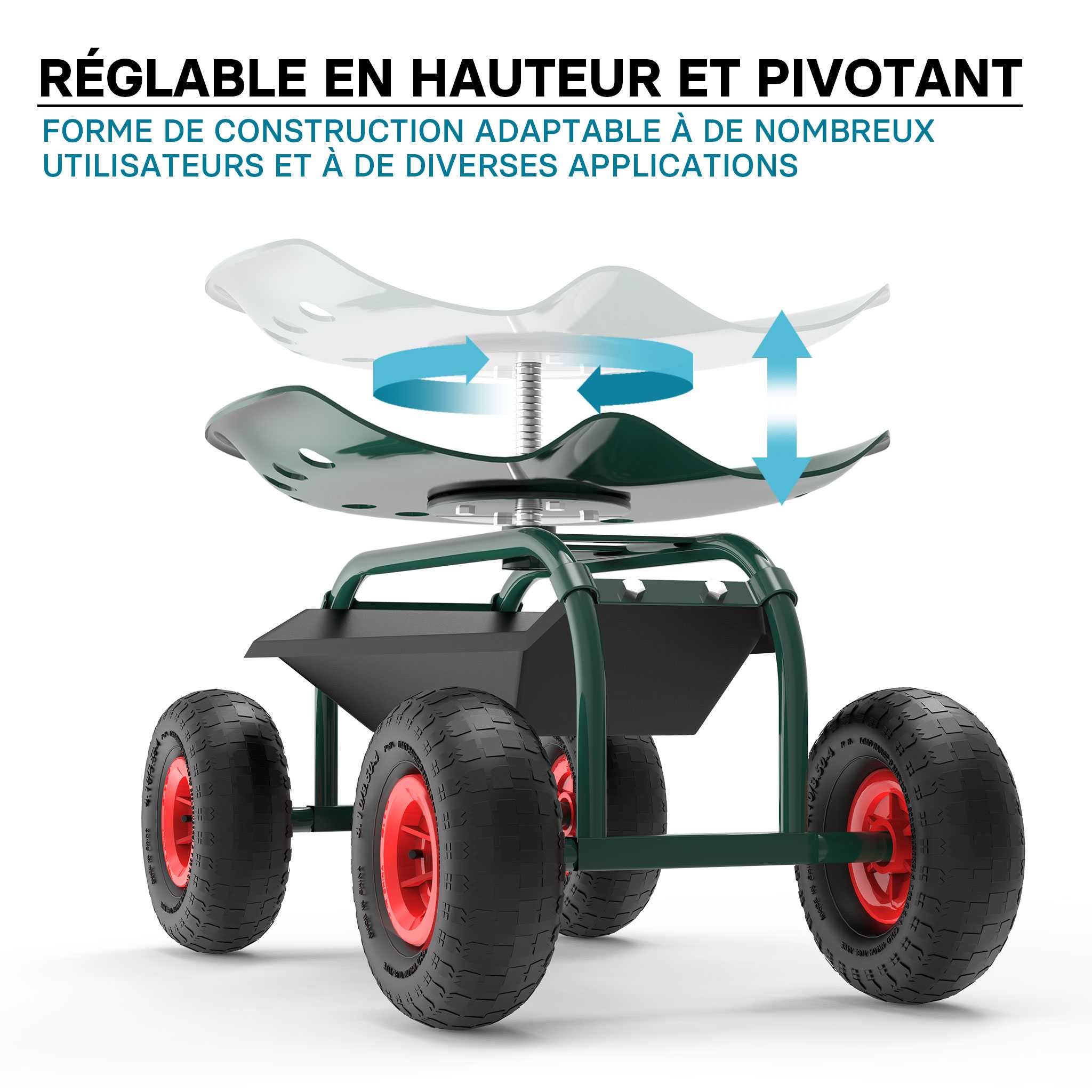 Siège de jardin sur larges roues Charge 150kg max. Chariot coulissant Jardinage Repose-genoux - 2