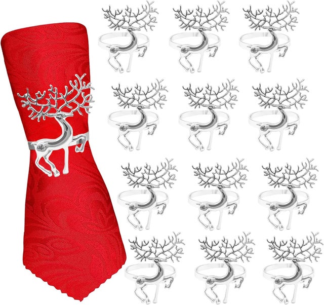 Anéis de Guardanapo Natal - 12 Peças Renas e Flocos de Neve para Festas, Casamentos e Jantares
