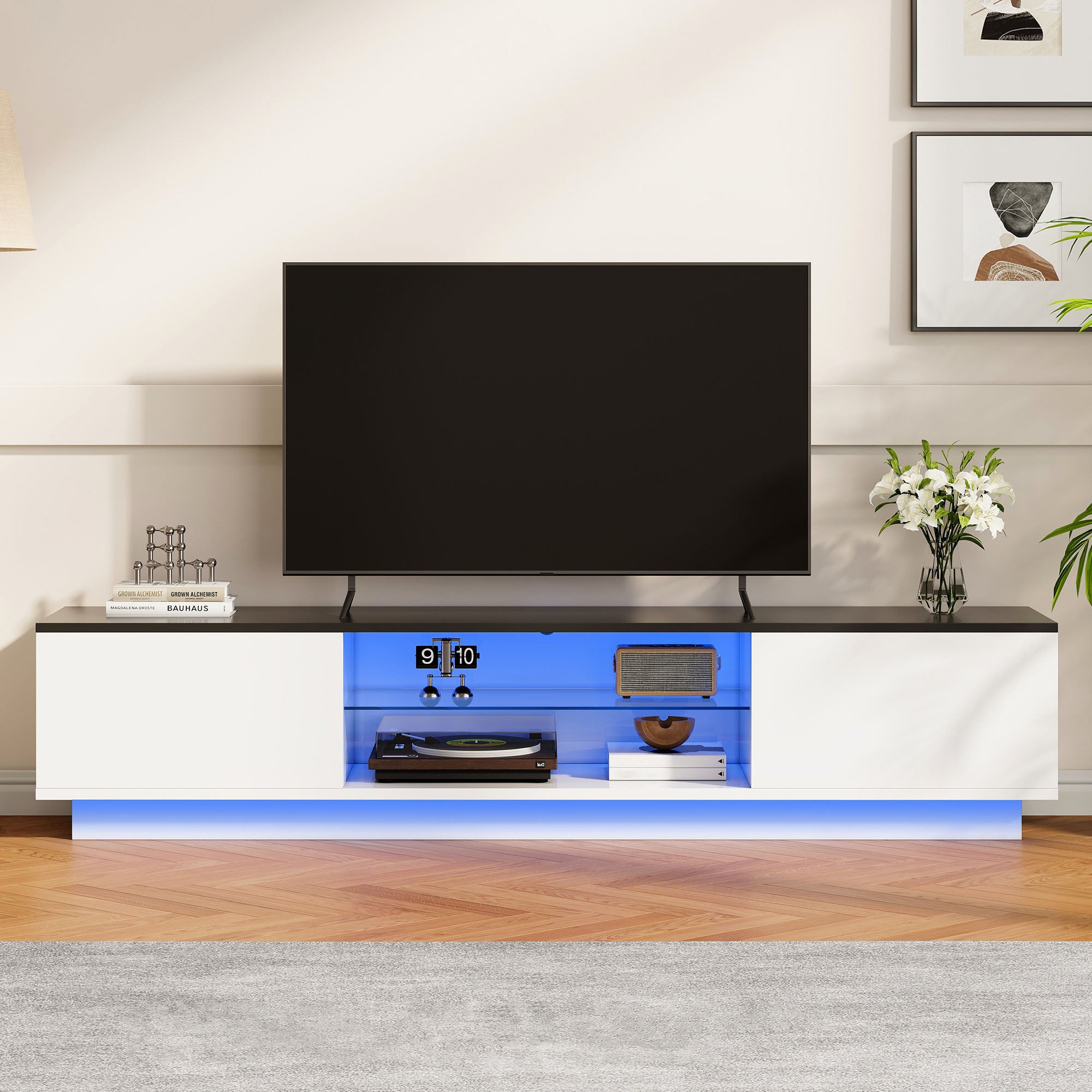 Meuble TV Blanc,Meuble TV Bois avec 2 Portes de Rangement et Étagères en Verre Intégrées,Meuble TV Led,TV Meuble Moderne,130x32x35cm,Blanc - 7