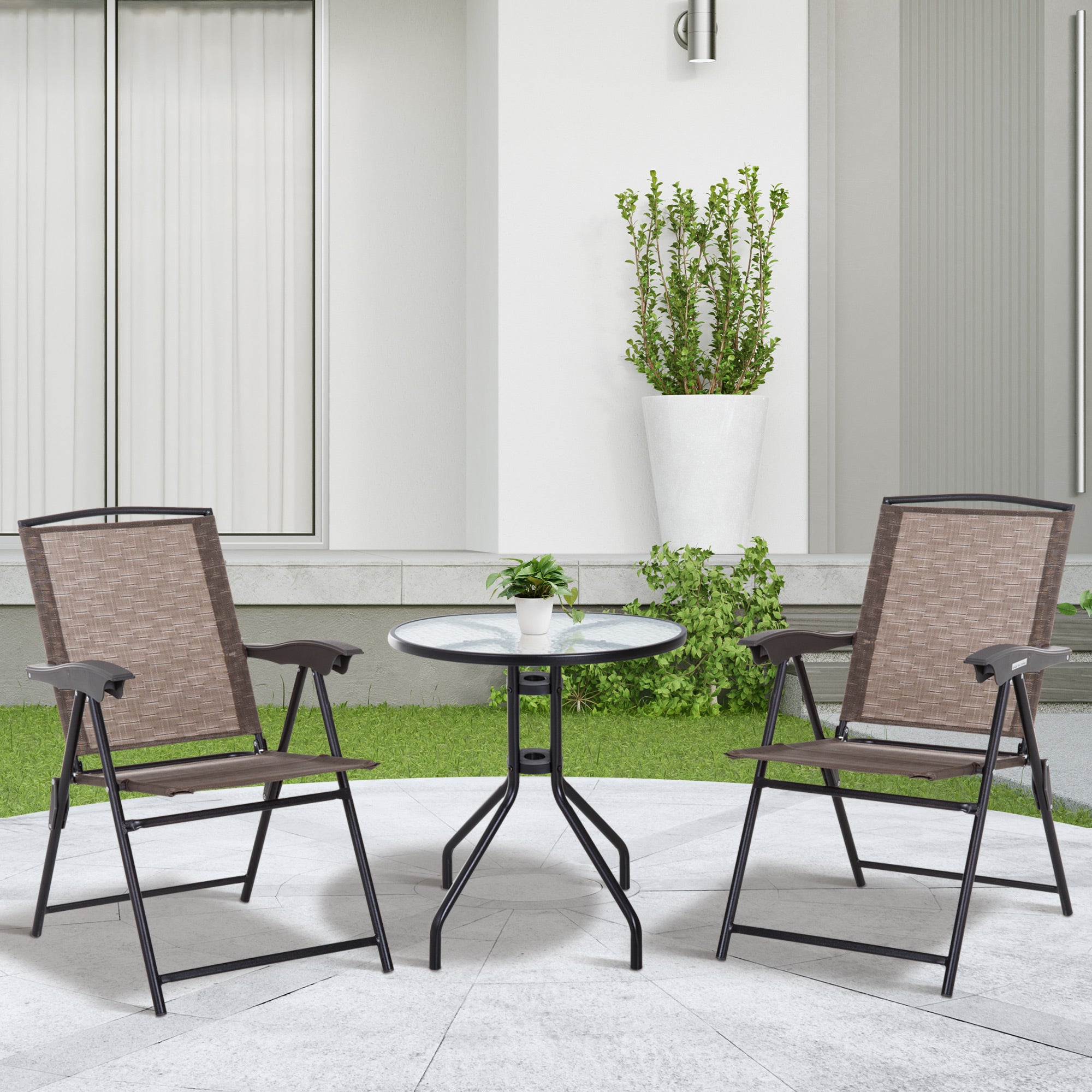 Ensemble Jardin 3 pièces : 2 chaises inclinables multi-positions pliables + table ronde verre trempé, métal/textilène, chocolat. - 4