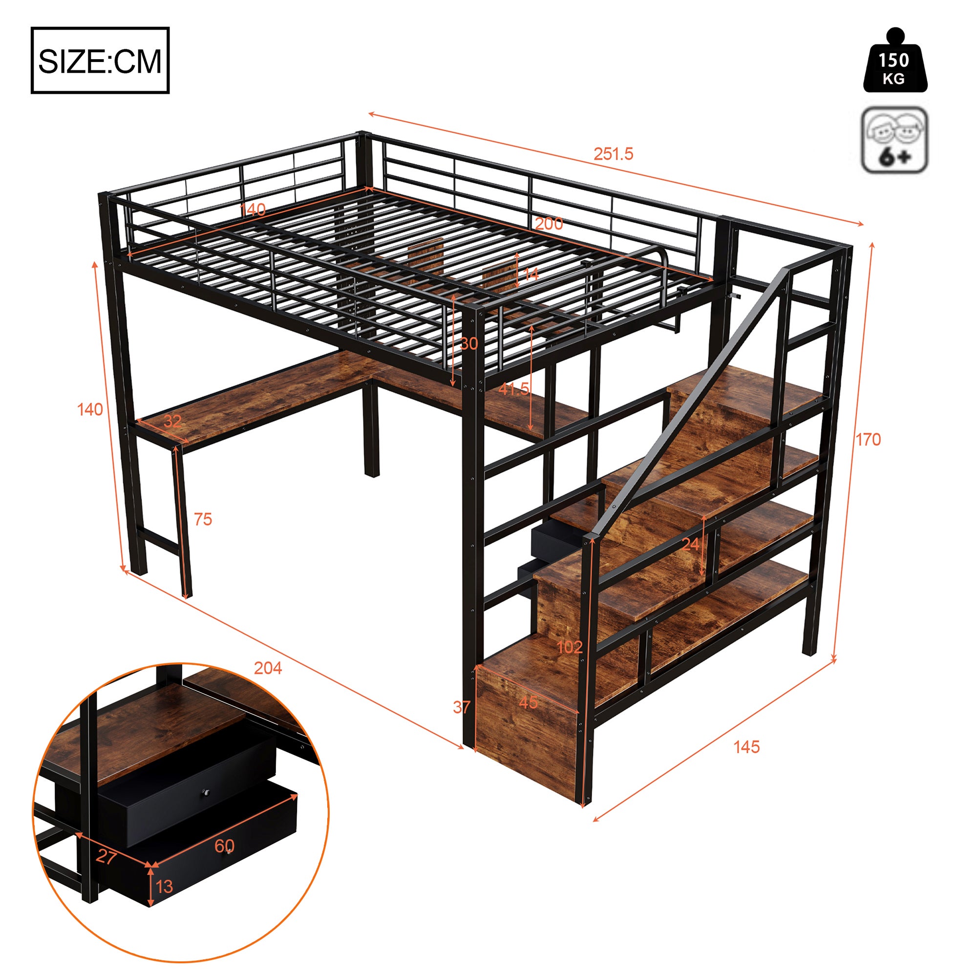 Lit Mezzanine en Métal 140x200 cm avec 2 Tiroirs et Penderie, Lit superposé avec échelle de rangement, Bureau et LED, Lit Double Noir, Sans matelas - 9