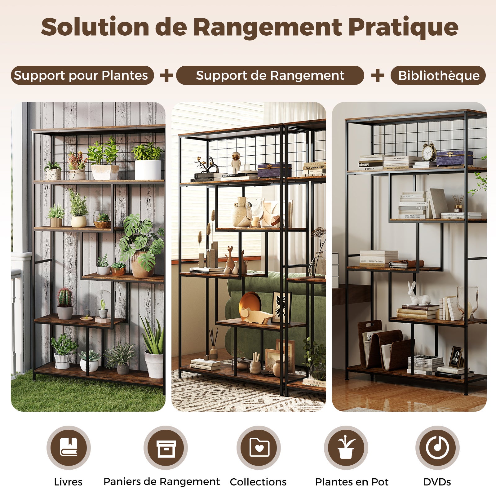 Support pour Plantes à 6 Niveaux, Bibliothèque Haute avec Filet en Métal, pour Salon Terrasse, 100 x 30 x 180 cm, Brun Rustique - 9