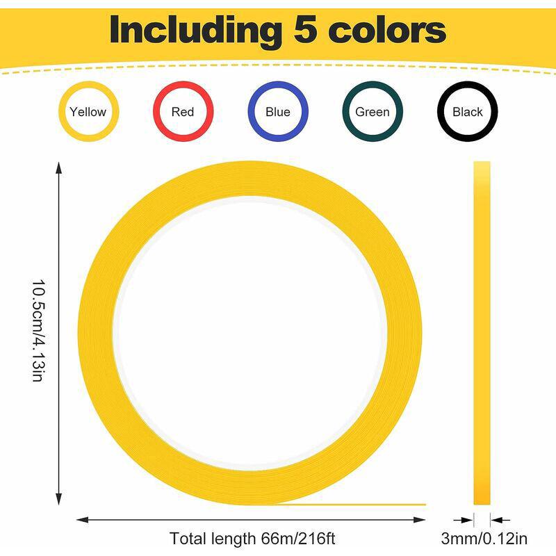Rotoli di nastro adesivo per marcatura a griglia da 3 mm, nastro adesivo per marcatura su lavagna bianca, 5 colori assortiti, 66 m per rotolo - 3