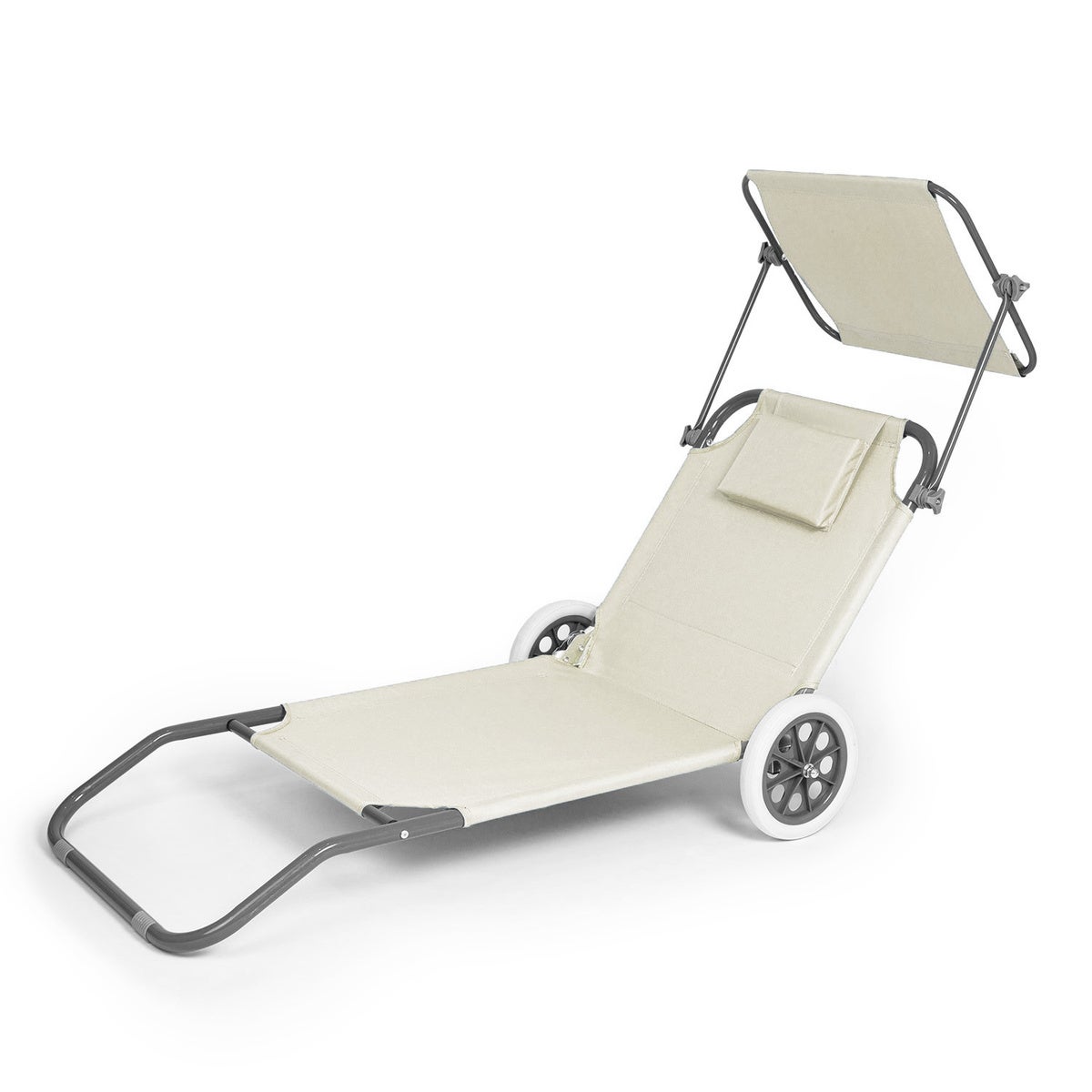Składany leżak turystyczny plażowy, ogrodowy z daszkiem i kółkami, regulowane oparcie, kremowy Be-active.pl