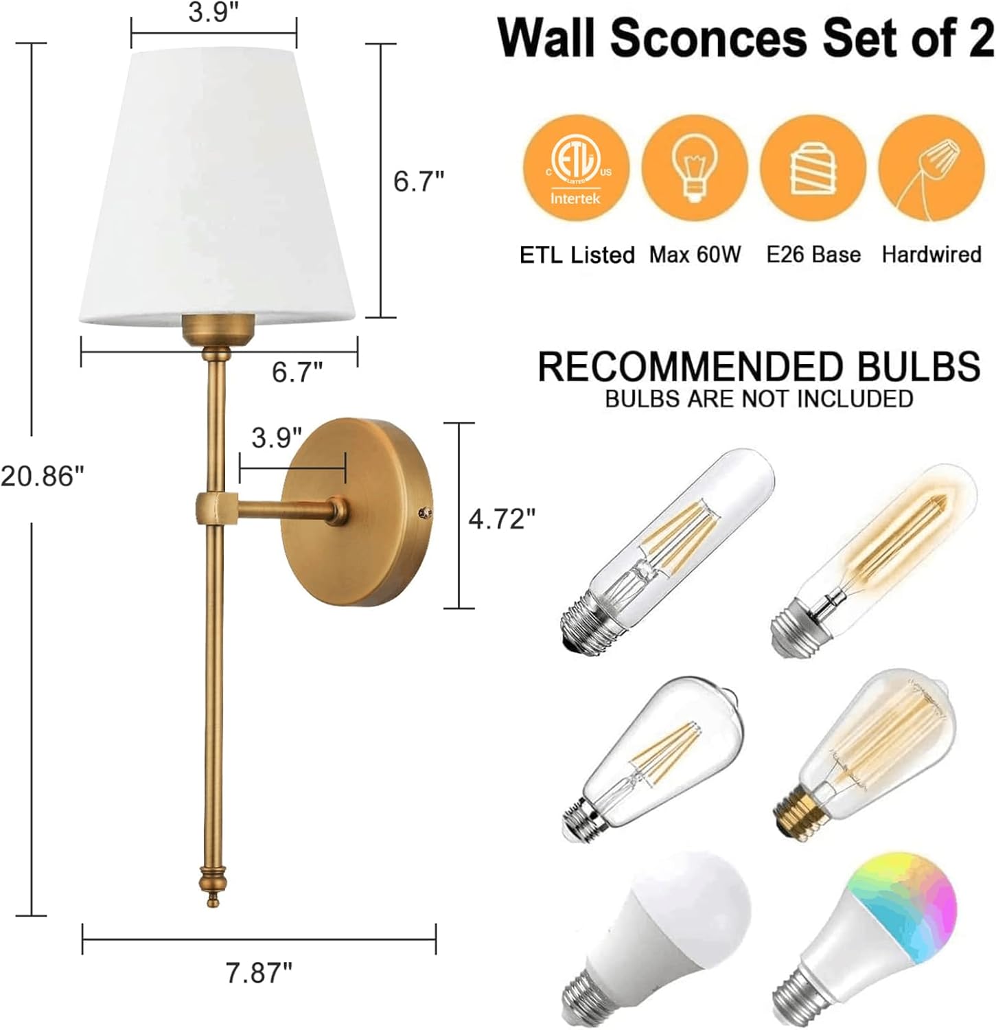 Applique murale Bsmathom lot de 2 classique laiton brossé raccordement fixe salle de bain chambre salon couloir cuisine abat jour tissu couleur or - 3