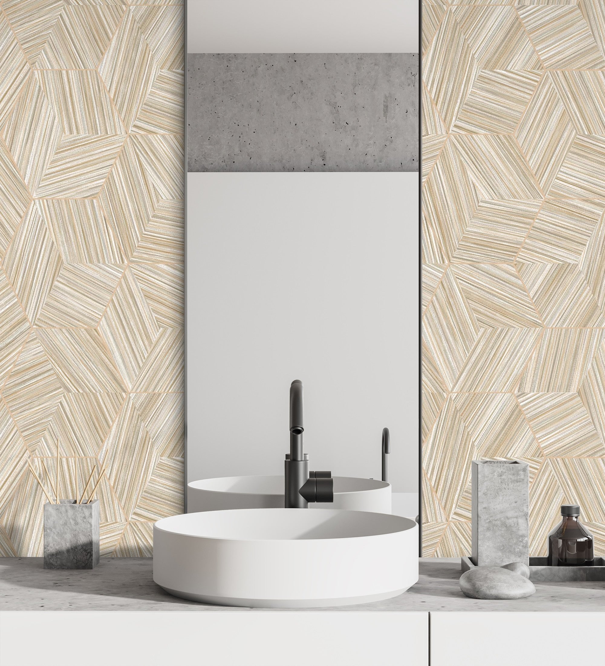 Papel pintado vinílico hexágonos beige y líneas doradas en relieve - maurice metrix 681675 de gaulan - rollo de 10 m x 1,06 m