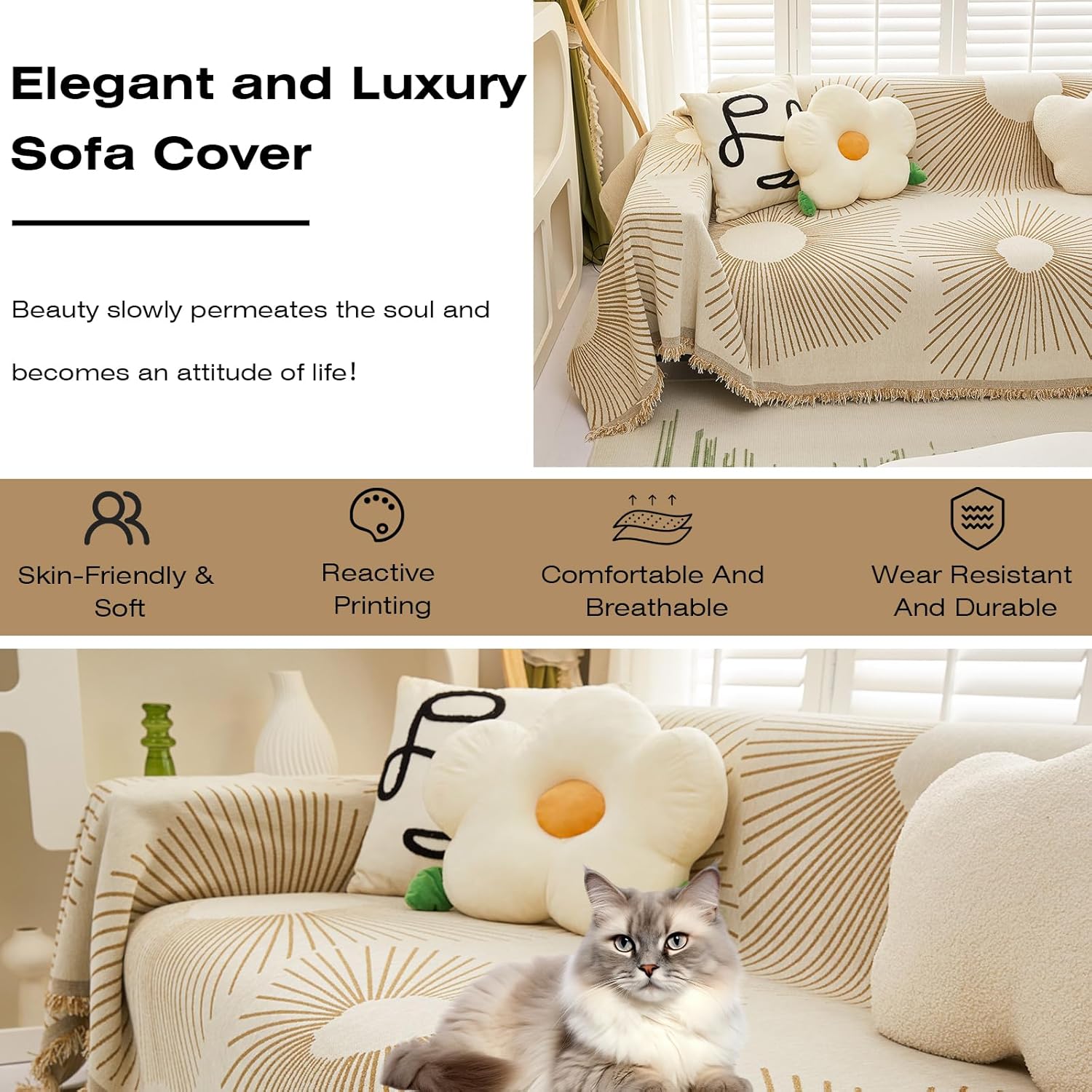 Copridivano - Kaki - Copridivano Jacquard - Multiuso - Fodera per divano 2 posti (180 x 130 cm) - 4