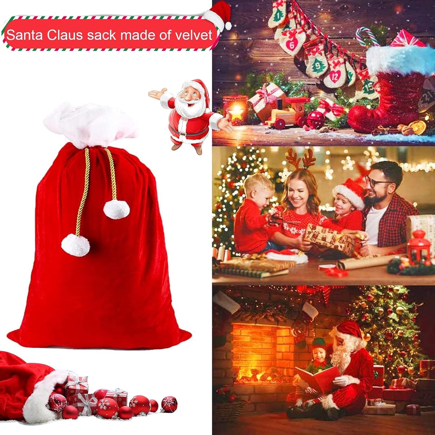 Saco de Papá Noel de terciopelo, 100 x 70 cm, bolsa de regalo premium para decoración navideña - 3