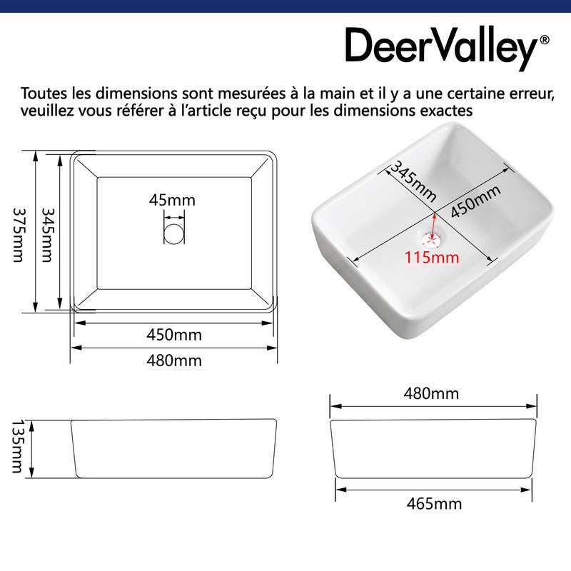 Vasque à Poser Salle de Bain - Vasque à Poser Rectangulaire en Céramique Blanc - 48 x 37.5 x 13.5cm, DeerValley - 2