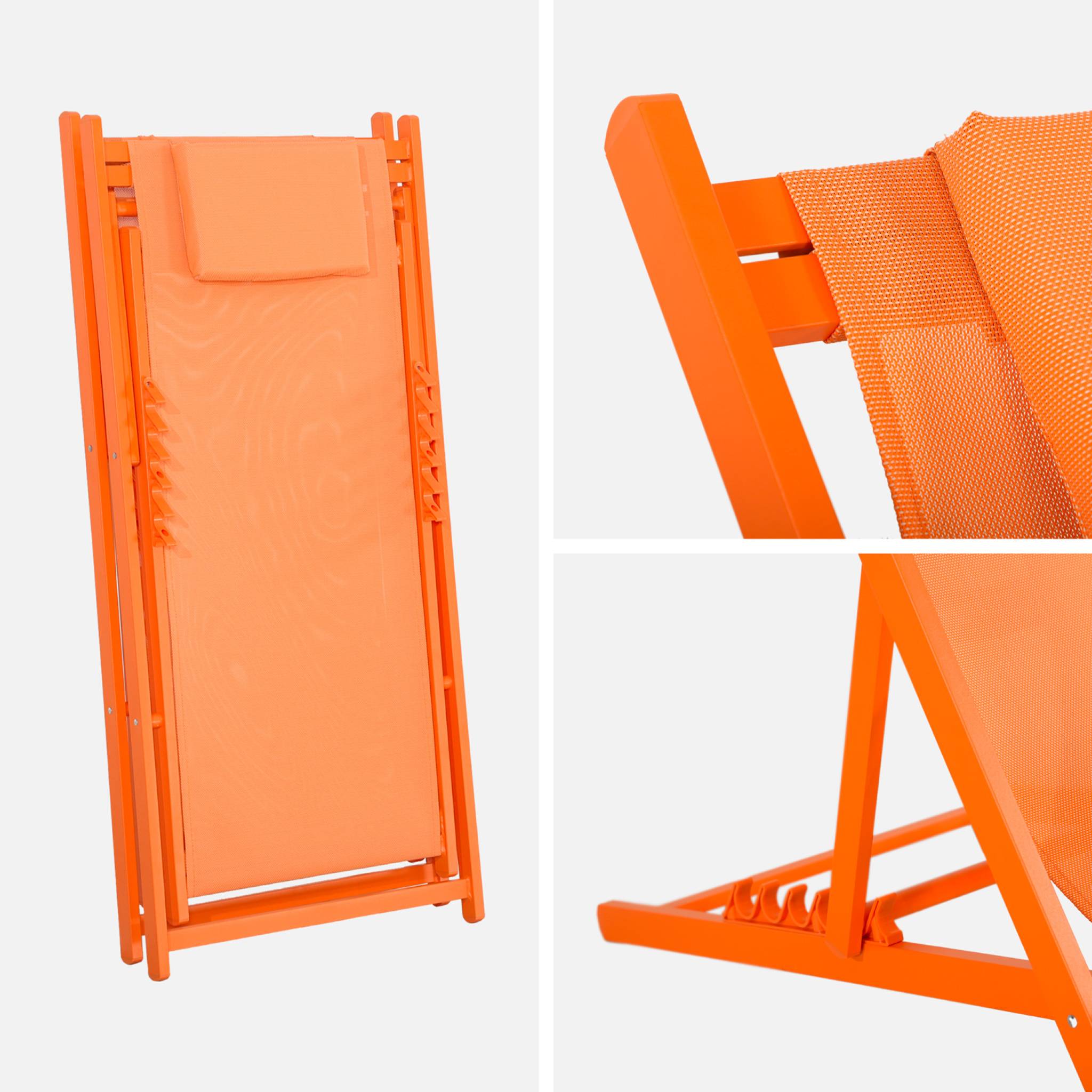 Lot de 2 bains de soleil - Gaia orange - Transat en aluminium gris anthracite et textilene orange avec coussin repose tête. chilienne - 6