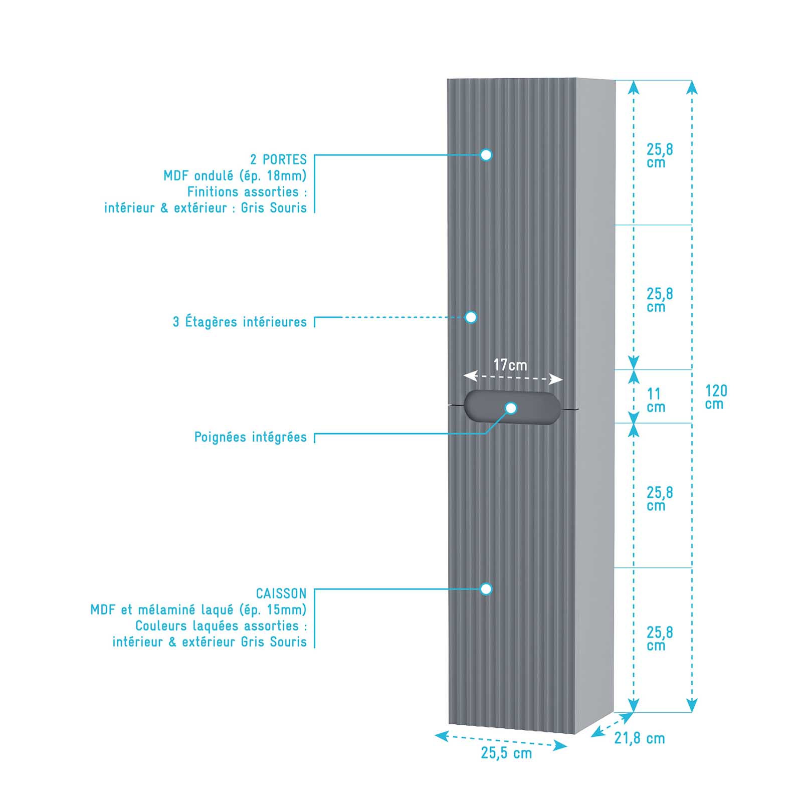 Meuble et colonne de Salle de Bains LEON 80cm Gris souris - Façades Ondulées - Vasque Ronde 36cm - 5