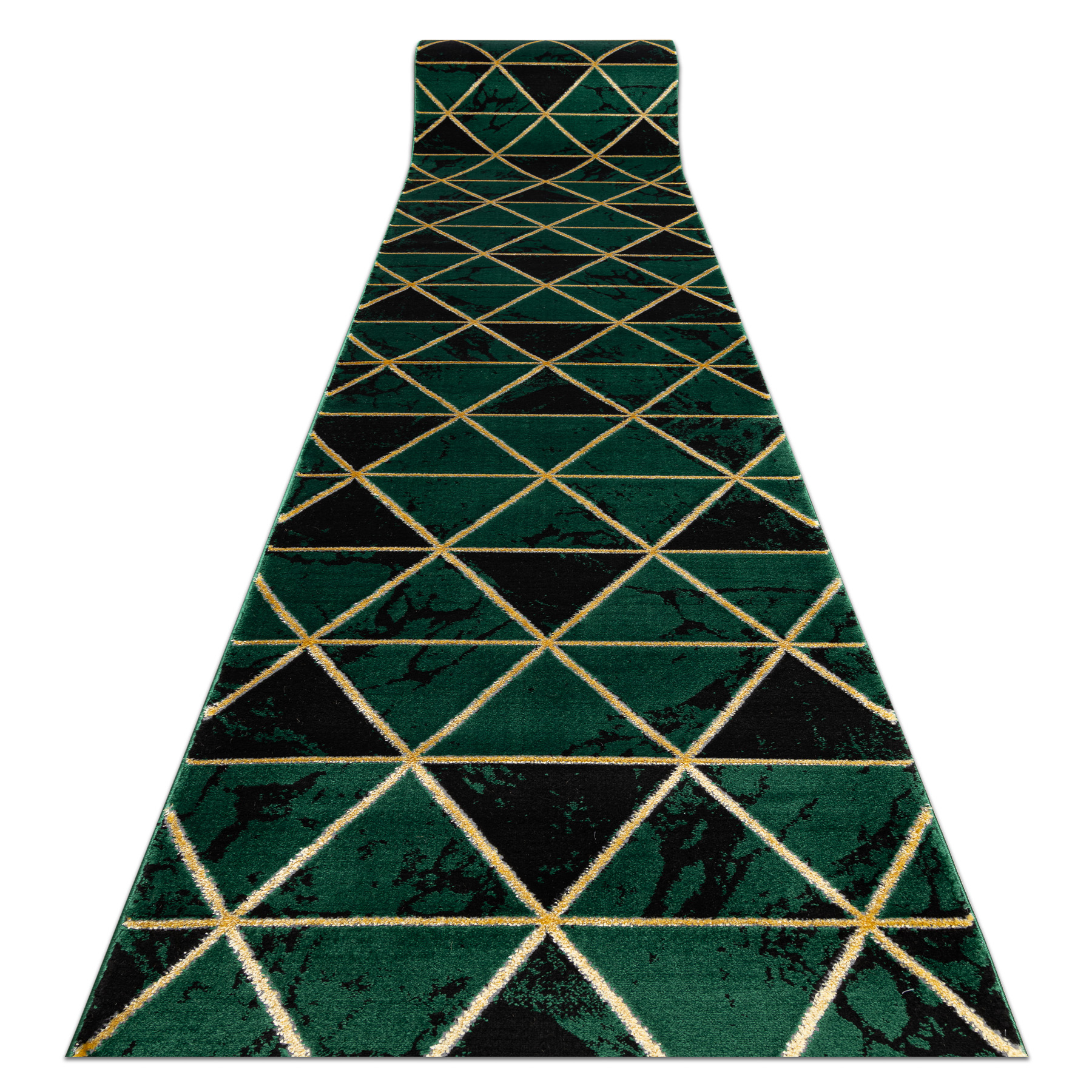 Chodnik EMERALD ekskluzywny 1020 glamour, stylowy marmur, trójkąty butelkowa zieleń / złoty 70 cm 70x340 cm
