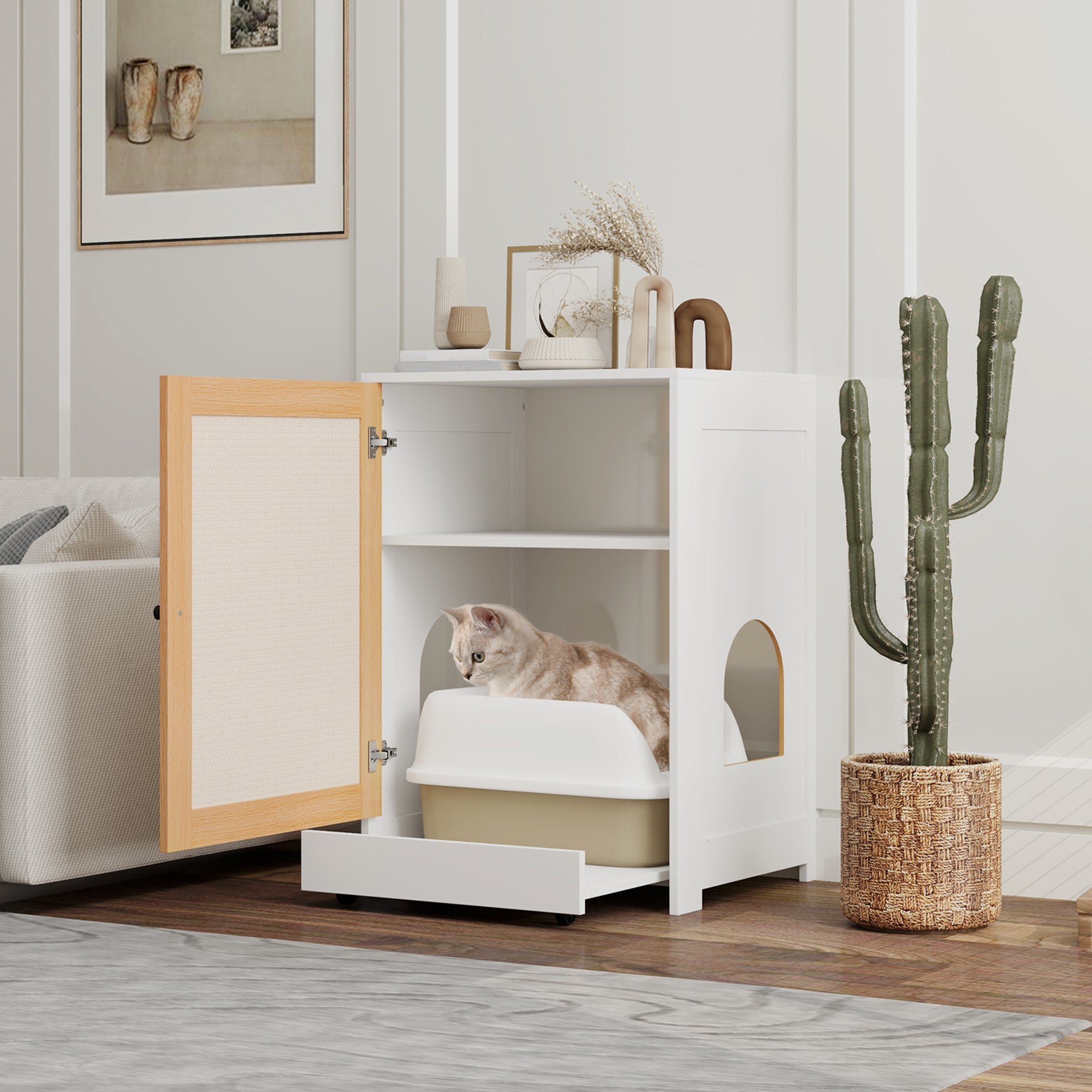 Bac à Litière Camouflé En Table D'appoint – Avec Griffoir Et Porte En Rotin, 80x50x50 Cm