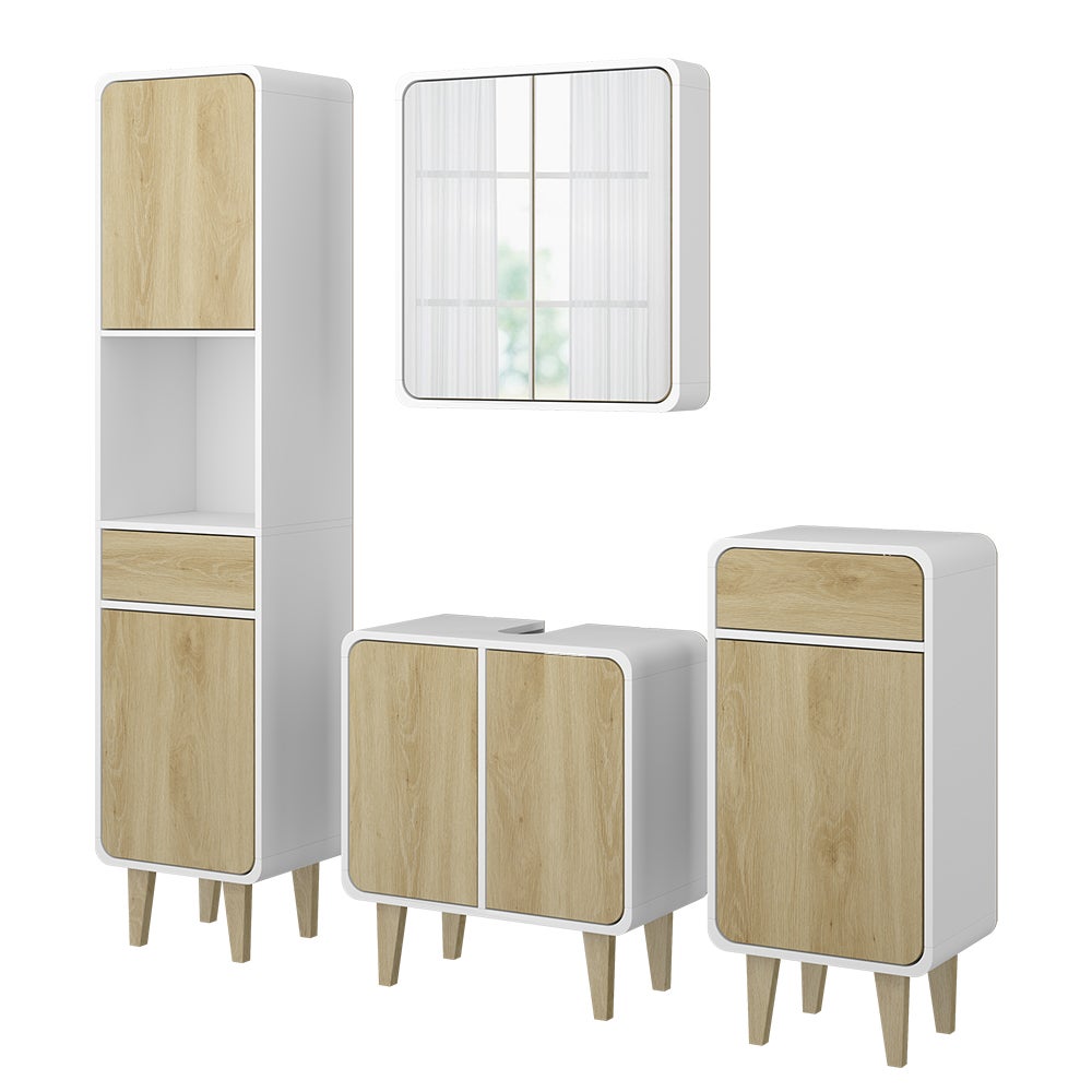 Meuble De Salle De Bain Livia 3 Pièces - Blanc Et Chêne, Meuble Sous Lavabo, Armoire Miroir, Armoire Toilette