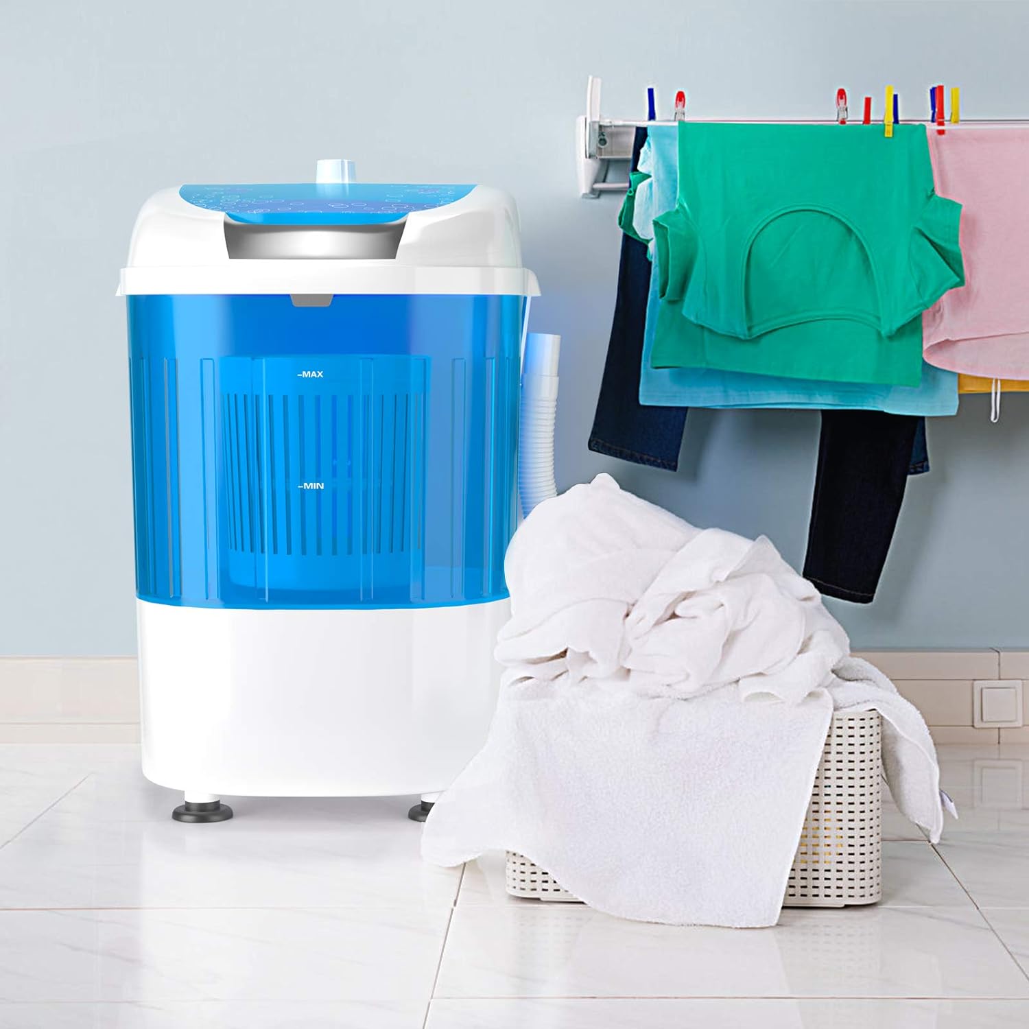 Mini lavadora de 2 kg con lavado rápido en 10 minutos - Lavadora semiautomática compacta y portátil - 36 x 34 x 51 cm, color azul - 8