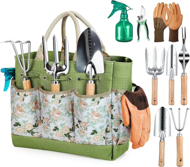 Lot de 7 outils de jardinage avec sac de rangement durable, poignée ergonomique antidérapante Lot de 7 outils de jardinage avec sac de rangement durable, poignée ergonomique antidérapante