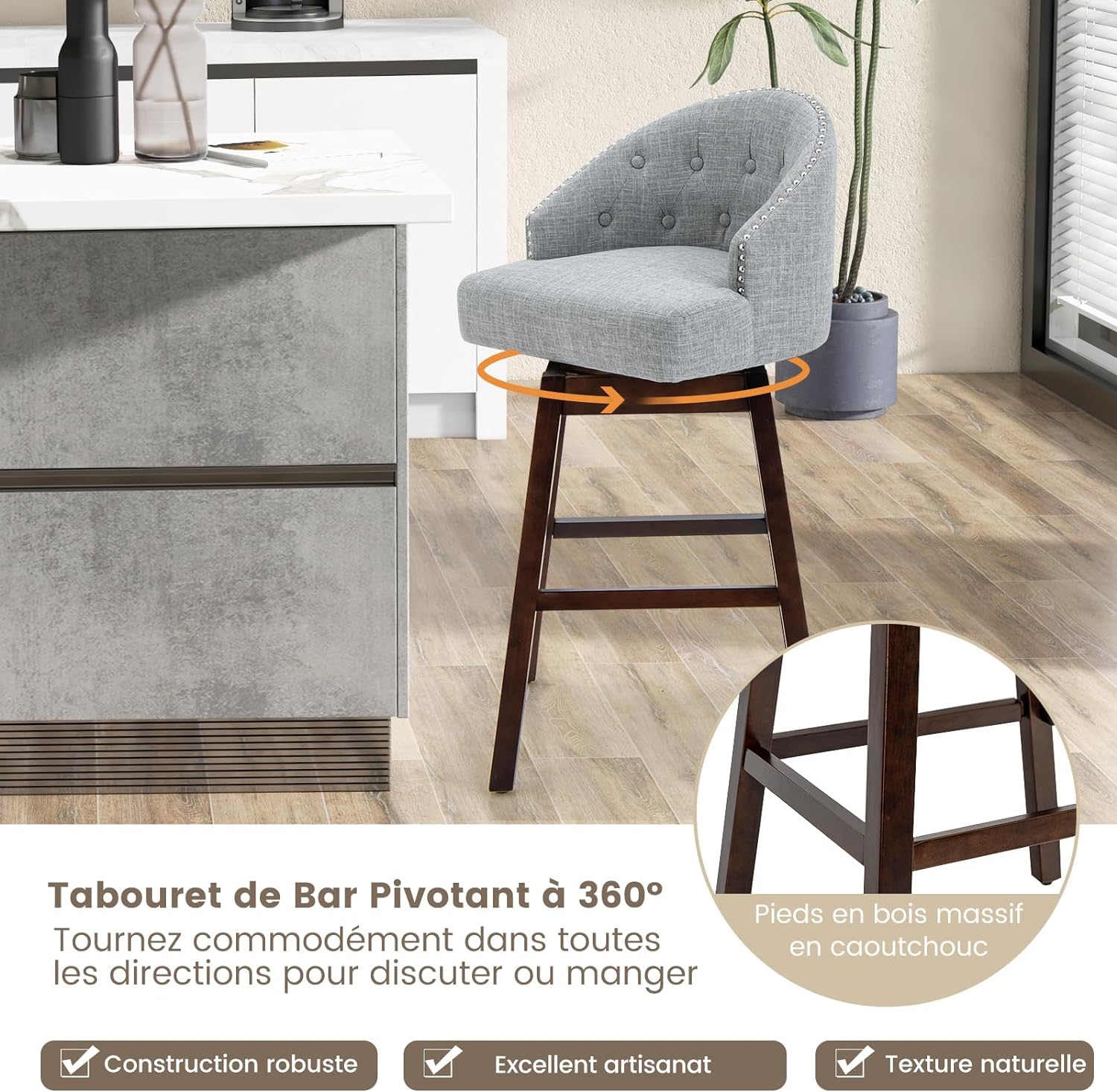 Set di 2 Sgabelli da Bar, Sgabelli con Gambe in Legno di Gomma e Schienale Imbottito, Sgabelli da Bar Girevole, Ideale per Bar, Cucina, Soggio - 2