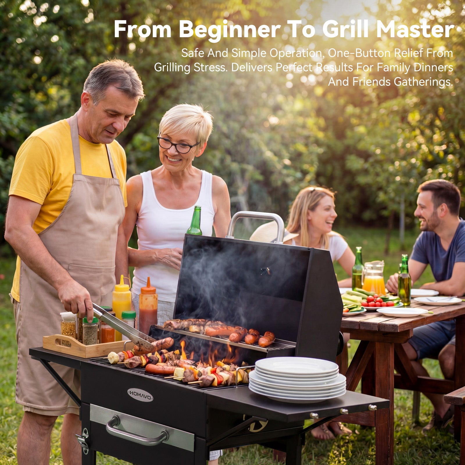 Barbecue a Carbonella, Superficie di Cottura: 45×32 cm, Griglia Principale in Smalto, Ripiano Riscaldante, Termometro HOMAVO - 4