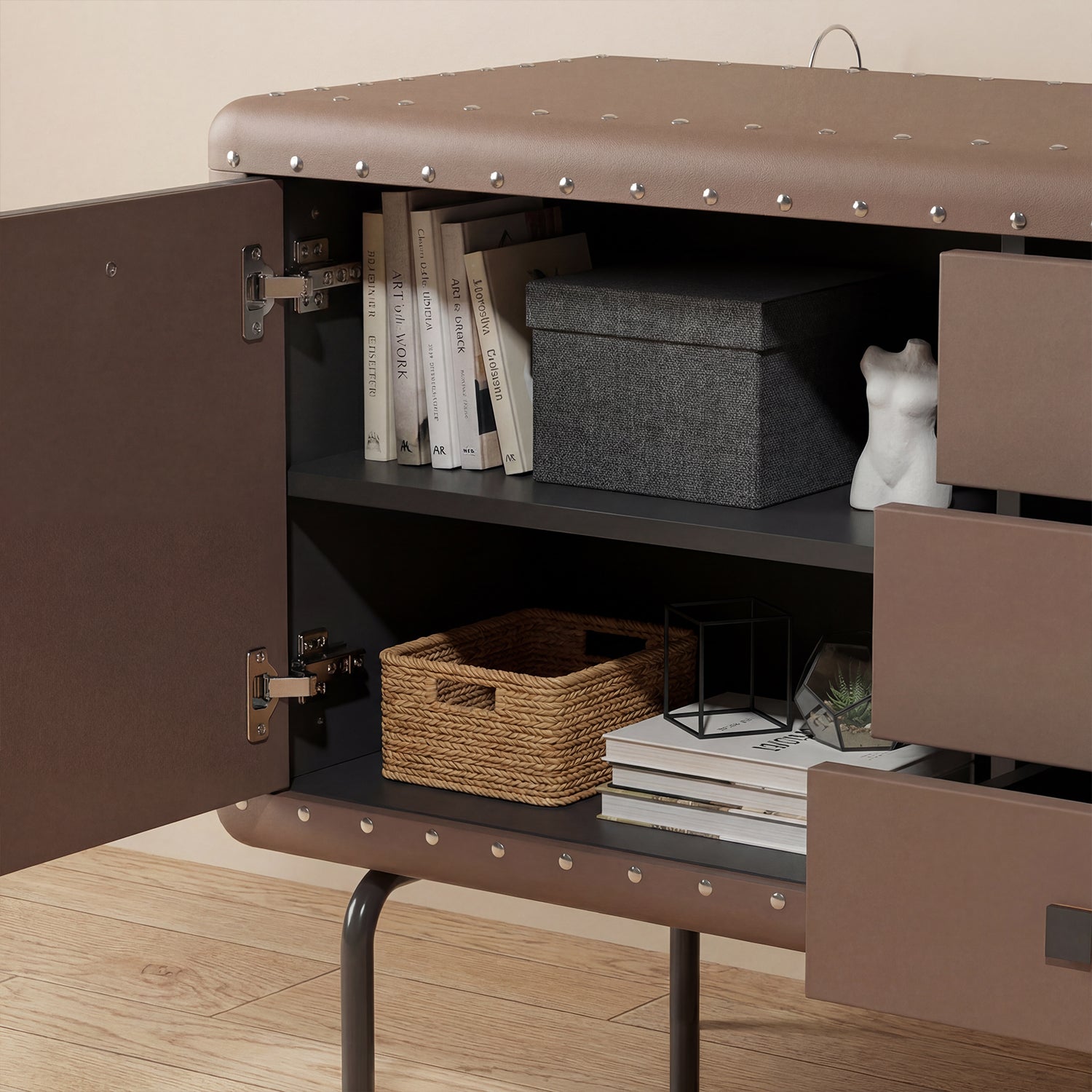 Commode de Chambre avec 3 Tiroirs et 2 Porte, Meuble de Rangement en Cuir avec Pieds en Métal, 160x39x80.5, Marron - 6