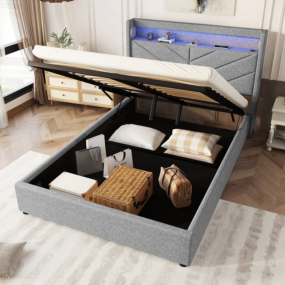 Lit coffre 140x190 cm avec système d'éclairage LED, PU, rangement hydraulique, base à lattes